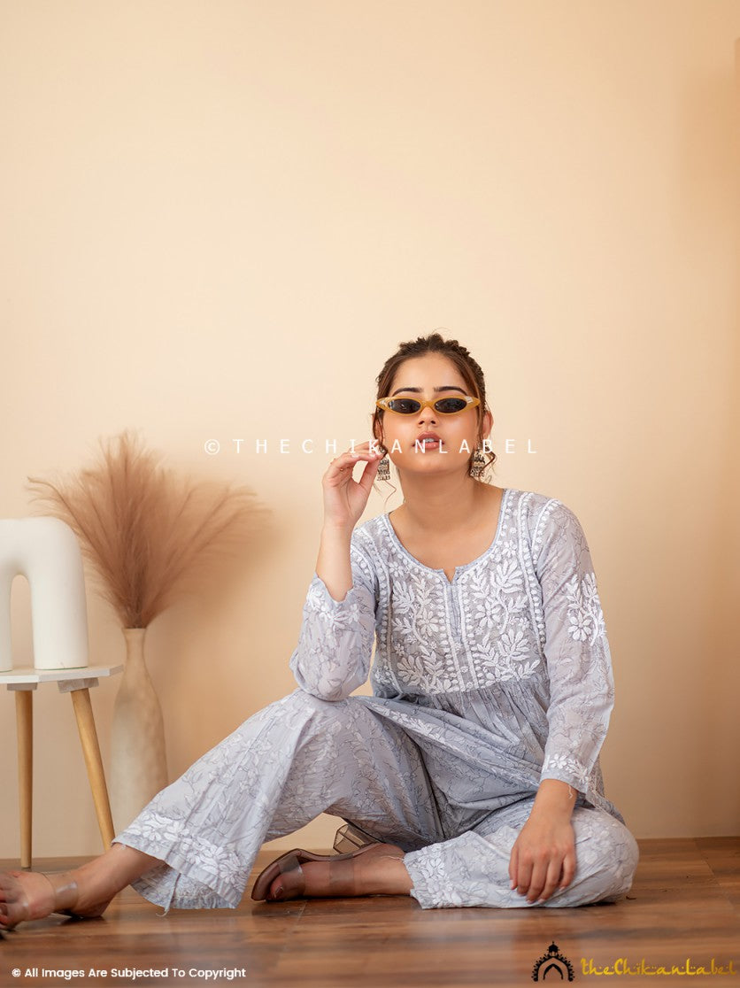 Grey Kavya Mulmul Chikankari Kurta Set