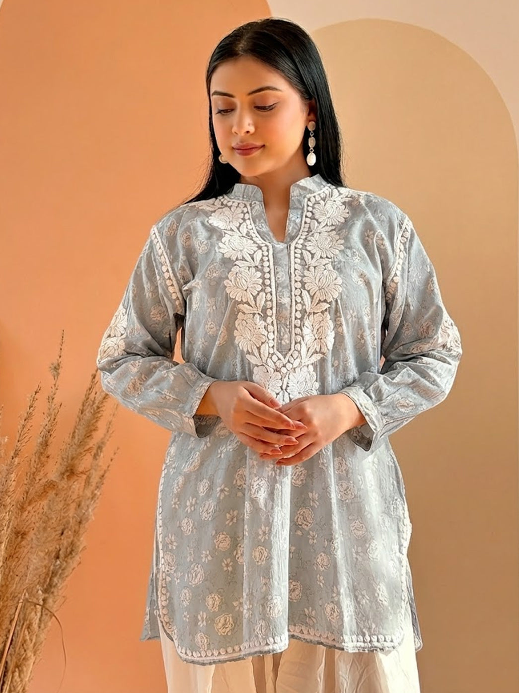 Grey Mulmul Printed Chikankari Farshi Salwar Set