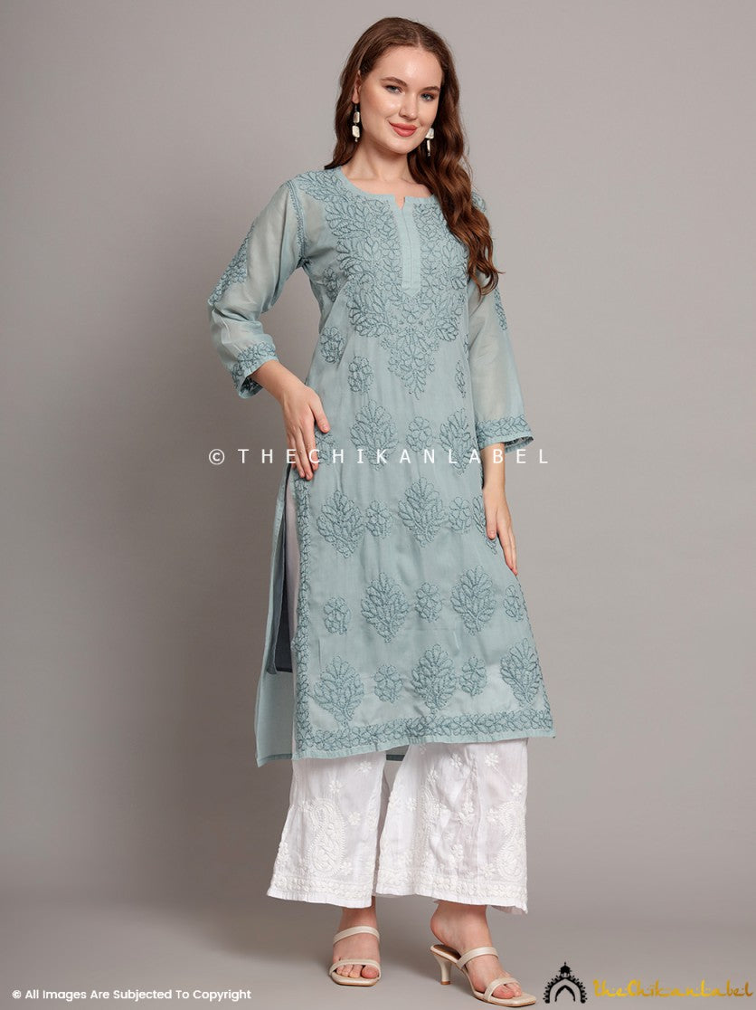 Grey Naina Cotton Chikankari Straight Kurti with inner