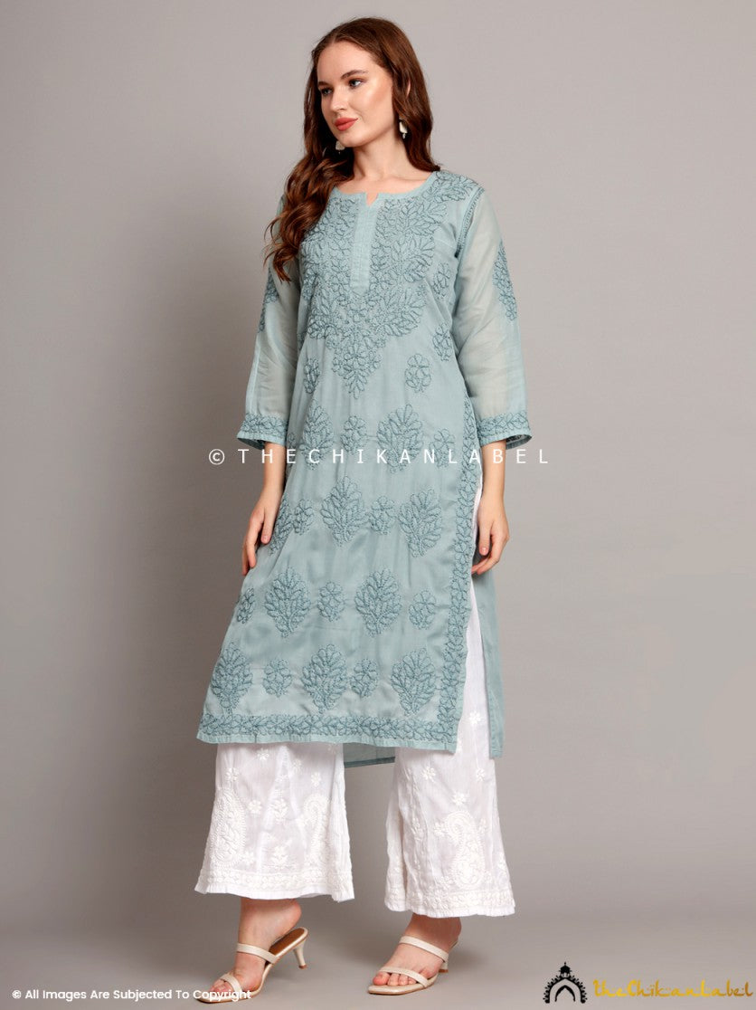 Grey Naina Cotton Chikankari Straight Kurti with inner