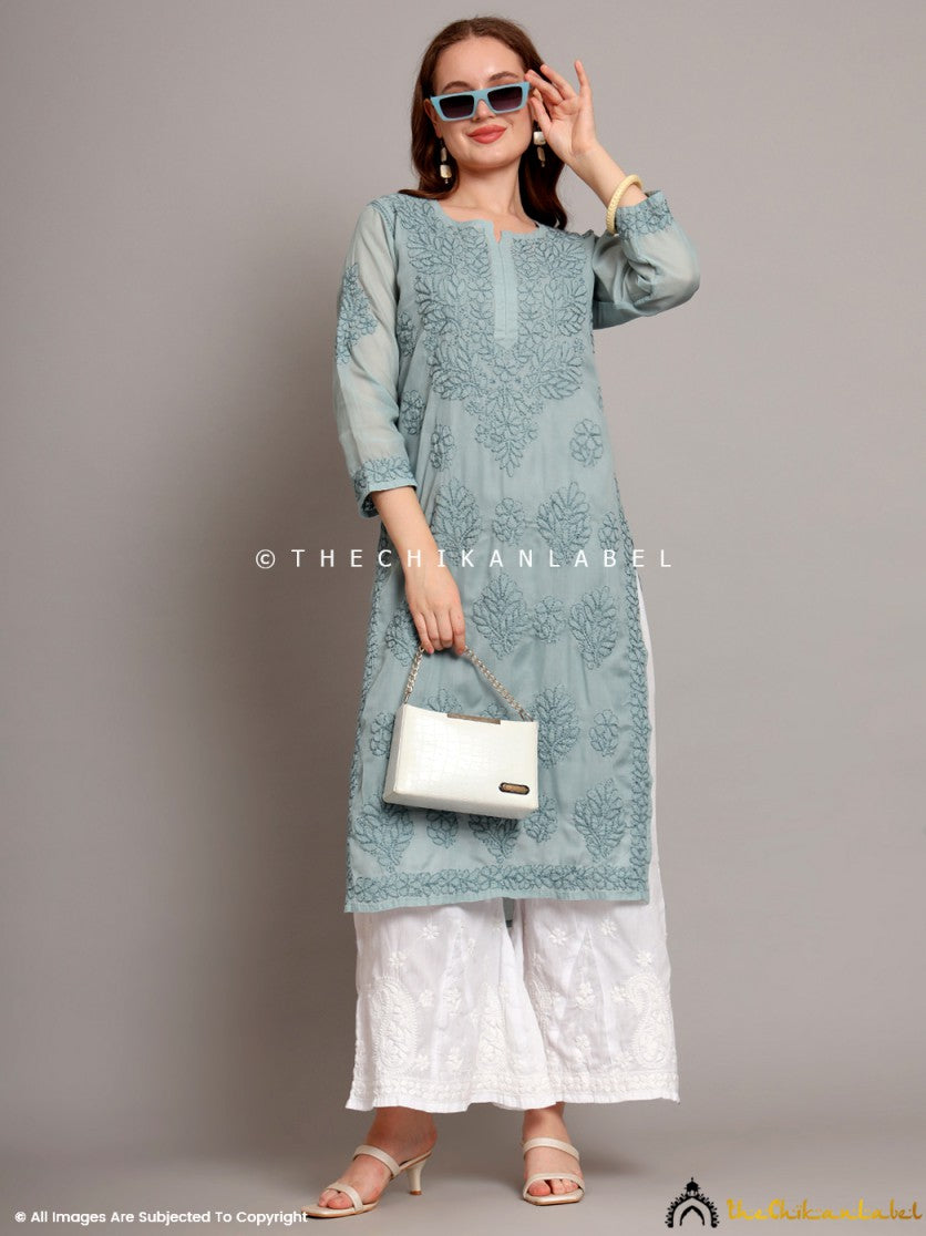 Grey Naina Cotton Chikankari Straight Kurti with inner