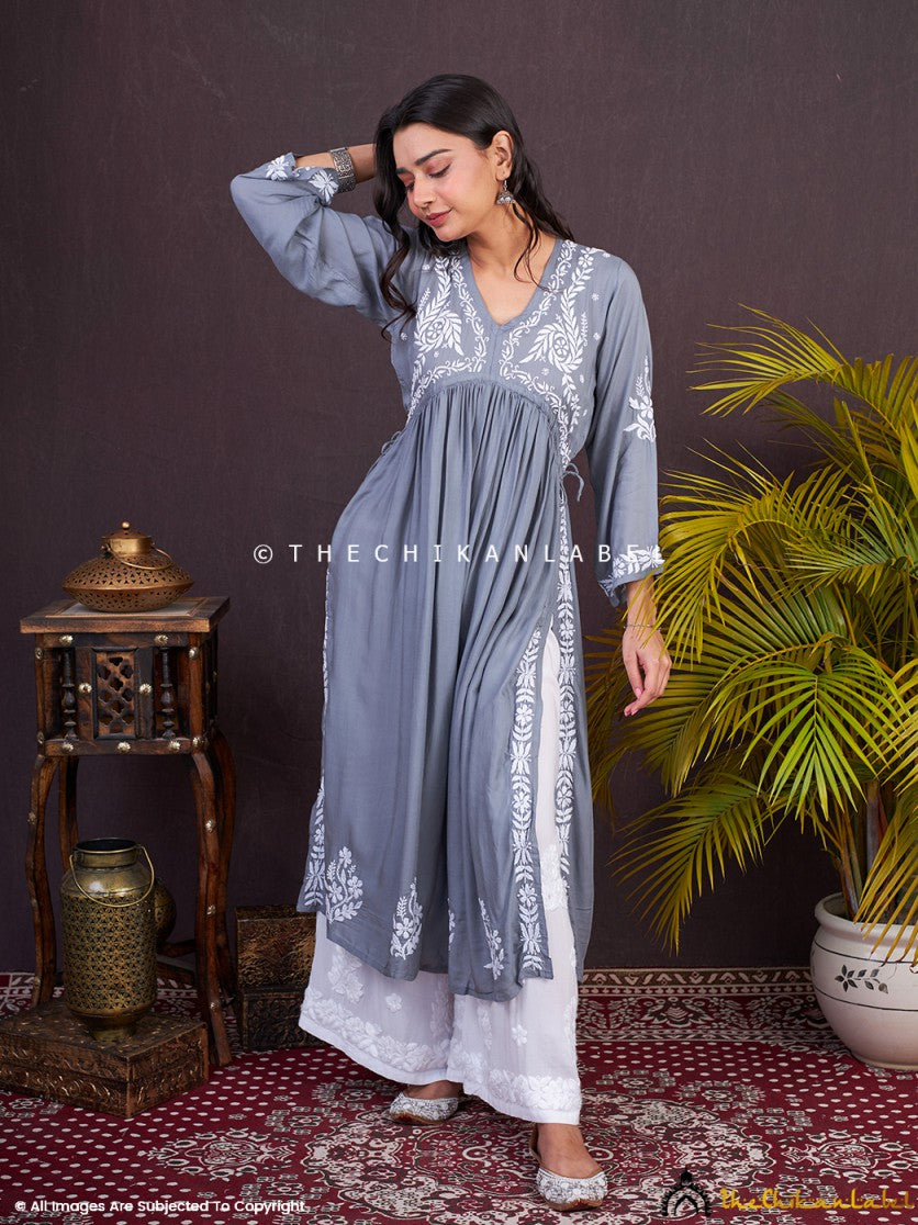 Grey Nayra Modal Chikankari Anarkali ,Chikankari Anarkali in Modal Fabric For Woman