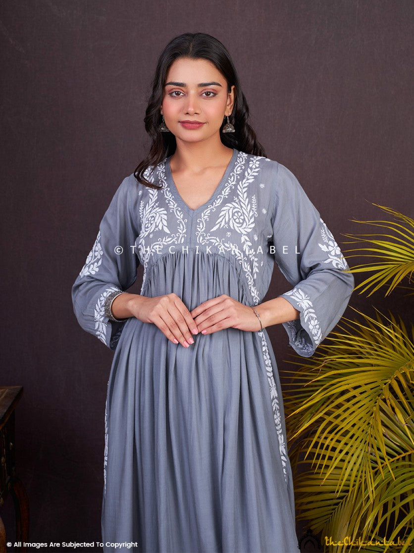 Grey Nayra Modal Chikankari Anarkali ,Chikankari Anarkali in Modal Fabric For Woman