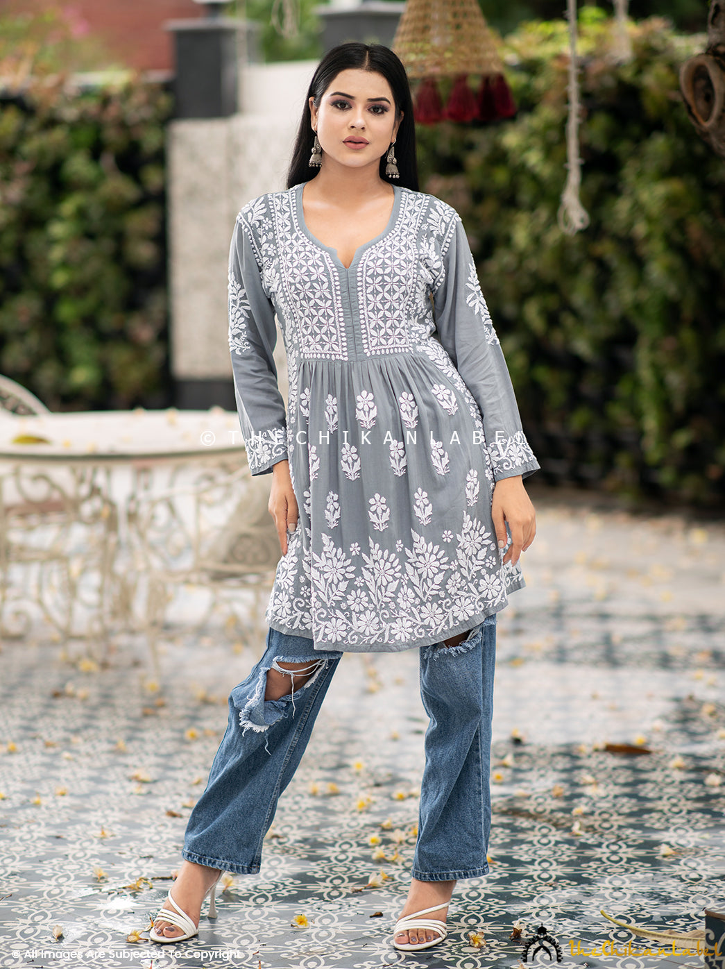 Grey Samma Modal Chikankari Tunic Top ,Chikankari Tunic Top in Modal Fabric For woman