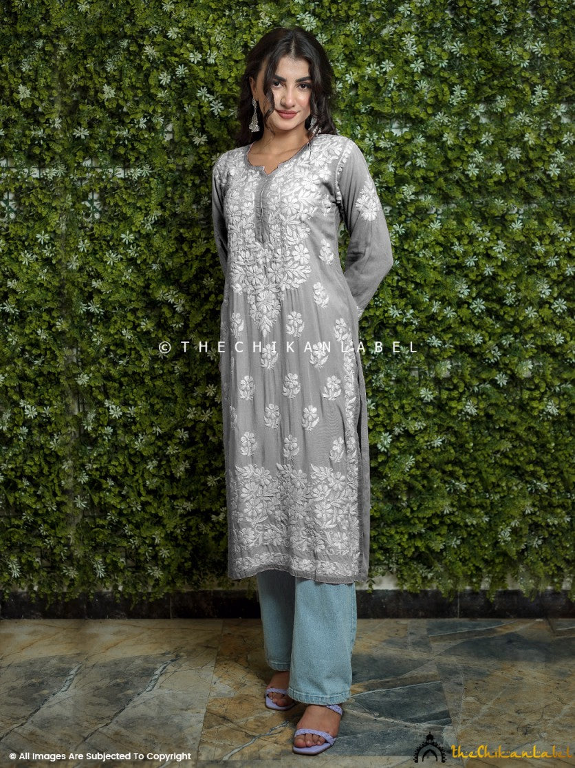 Grey Vaani Modal Chikankari Straight Kurti ,Chikankari Straight Kurti in Modal fabric For Woman