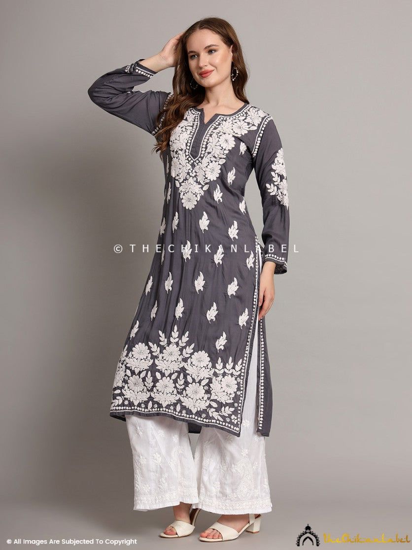 Grey Sanaya Modal Chikankari Straight Kurti