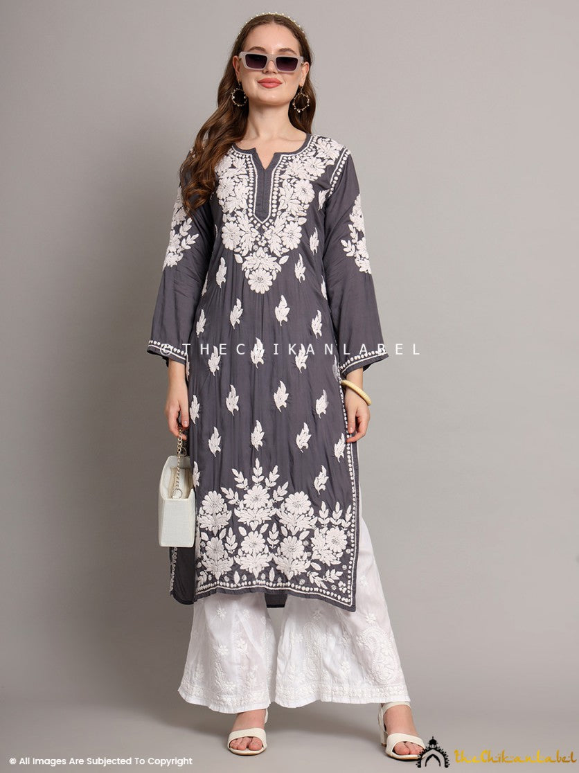 Grey Sanaya Modal Chikankari Straight Kurti