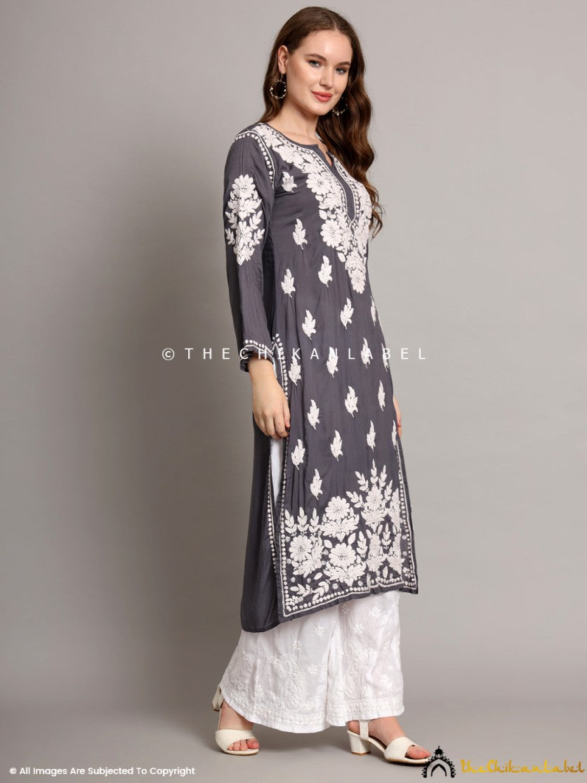 Grey Sanaya Modal Chikankari Straight Kurti