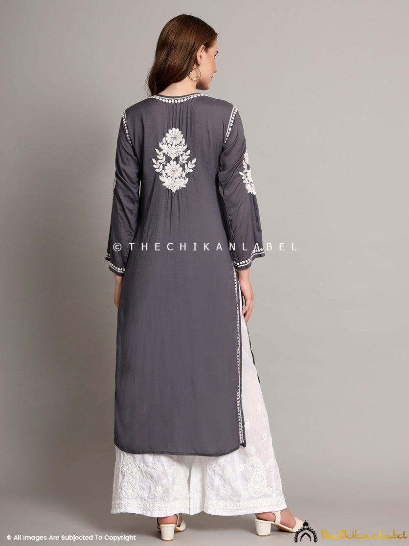 Grey Sanaya Modal Chikankari Straight Kurti