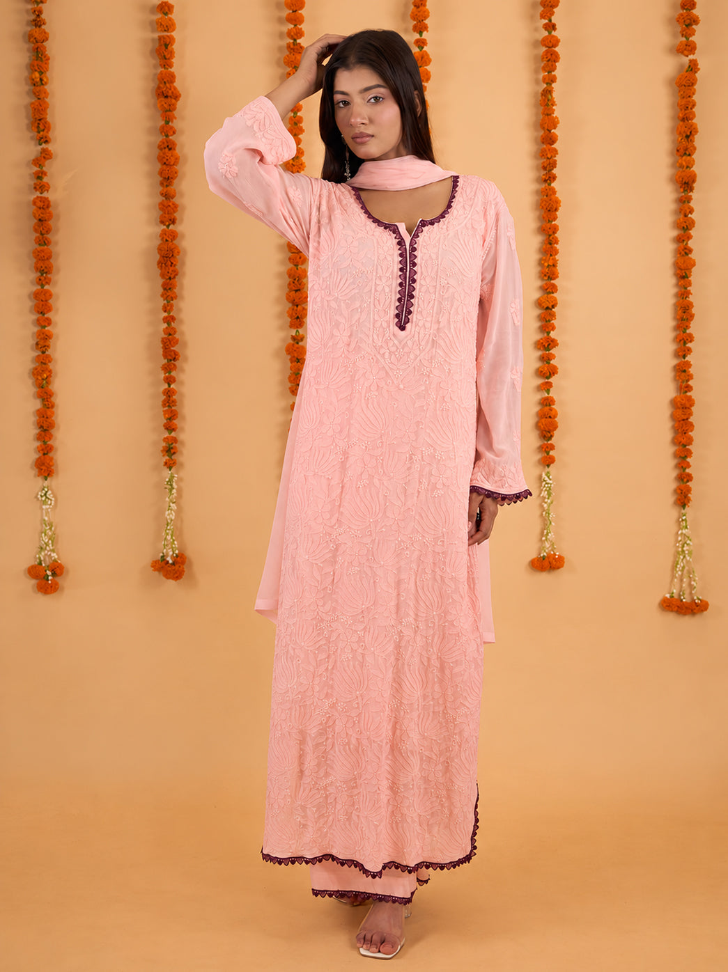 Front view of the Gulnaar Viscose Straight Kurti Palazzo Set with Dupatta, showing coordinated embroidery, lace borders and a flowing straight cut.