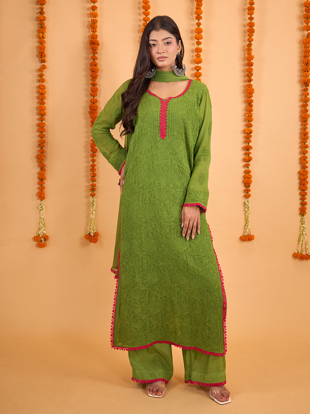 Full outfit view of the Gulnaar viscose kurti palazzo set, with the dupatta draped around the neck and the embroidered straight kurti falling above the ankles.
