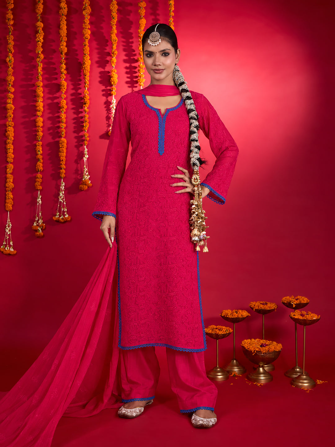 Gulnaar Viscose Straight Kurti Palazzo Set with Dupatta – Hot Pink