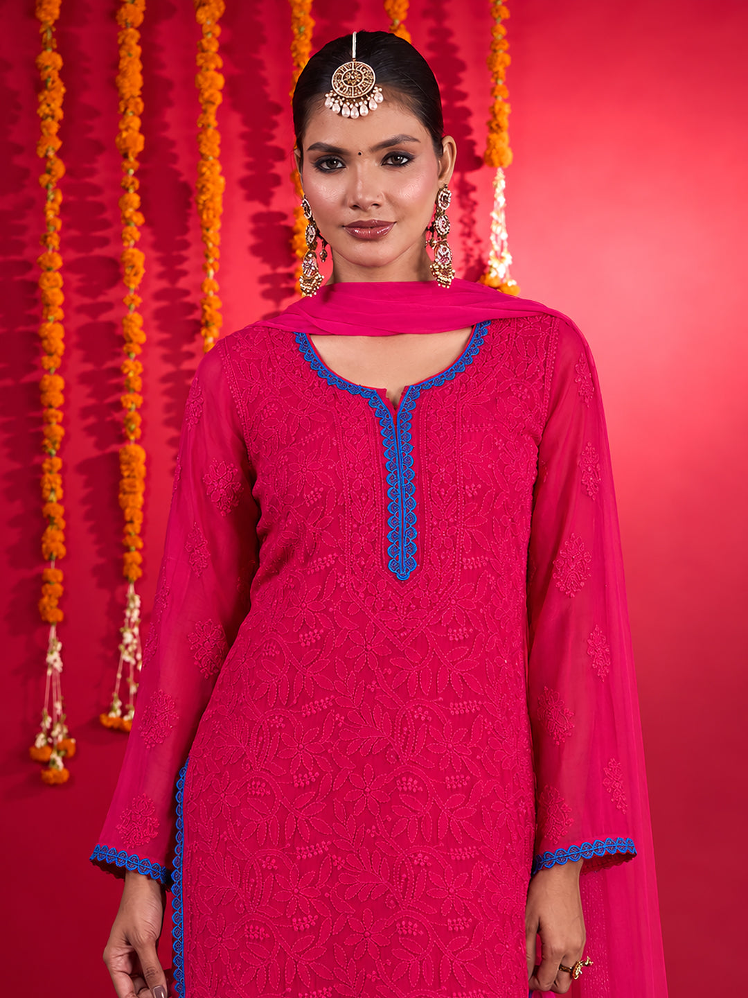 Gulnaar Viscose Straight Kurti Palazzo Set with Dupatta – Hot Pink