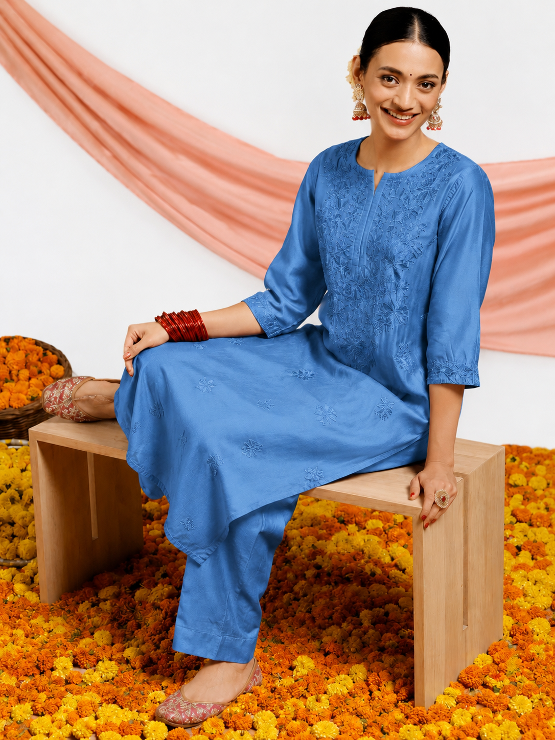 Comfortable women’s Chanderi Kurta Set with Dupatta featuring a straight embroidered kurti and pants, ideal for family functions, festive lunches and traditional events.