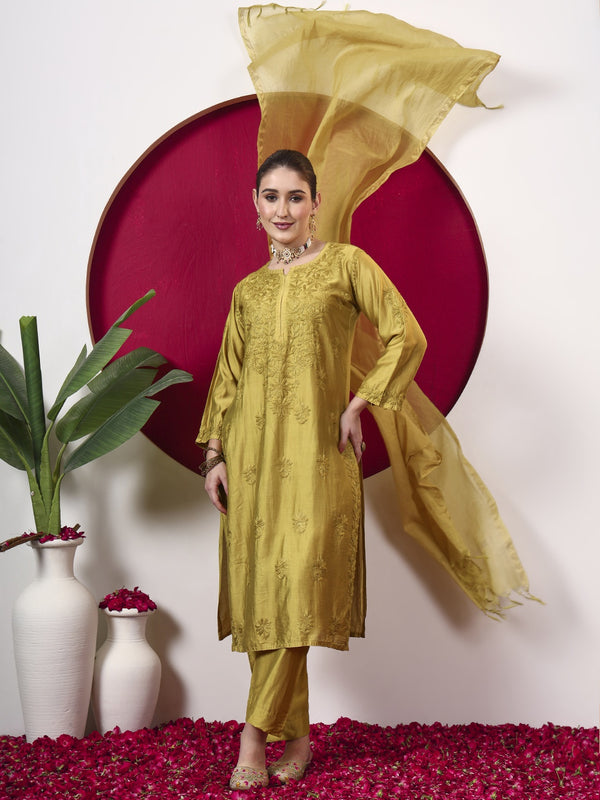 Hanshika Chanderi Chikankari Kurta Set with Dupatta - Mustard Yellow