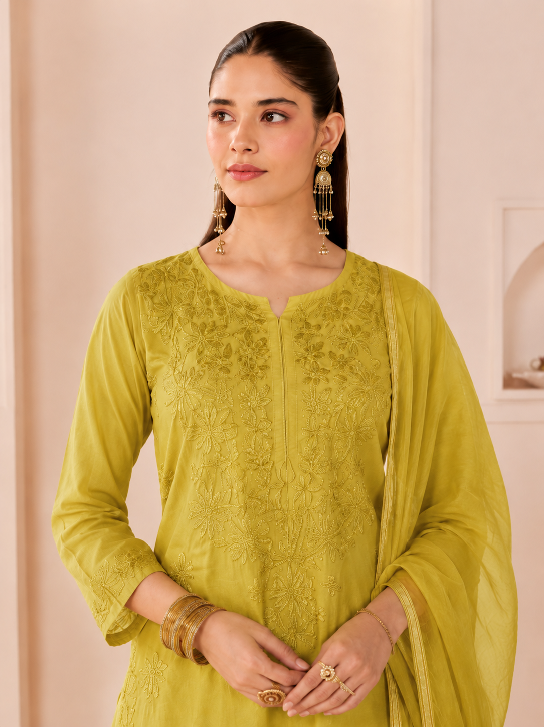 Stylish Hanshika Chanderi kurti pant set with dupatta offering a comfortable regular wear silhouette with elegant embroidery for brunches, pujas and casual celebrations.