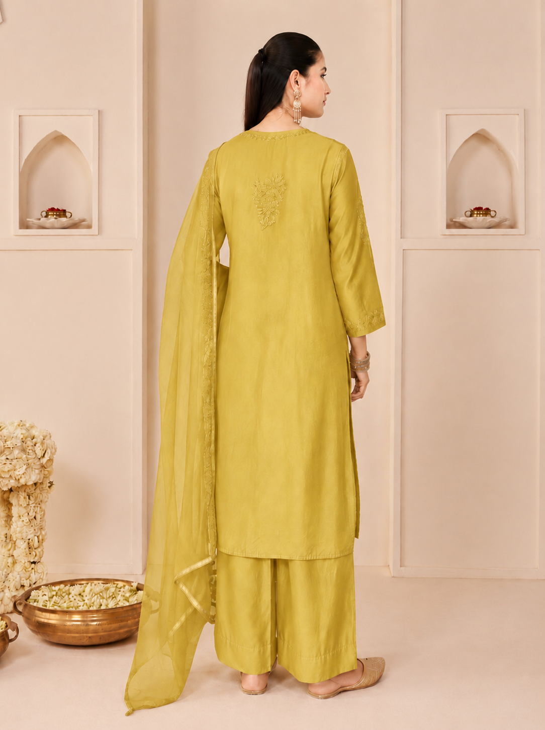 Embroidered Chanderi straight kurti pant set for women with matching dupatta, designed as a versatile ethnic outfit for festive and semi-formal occasions.