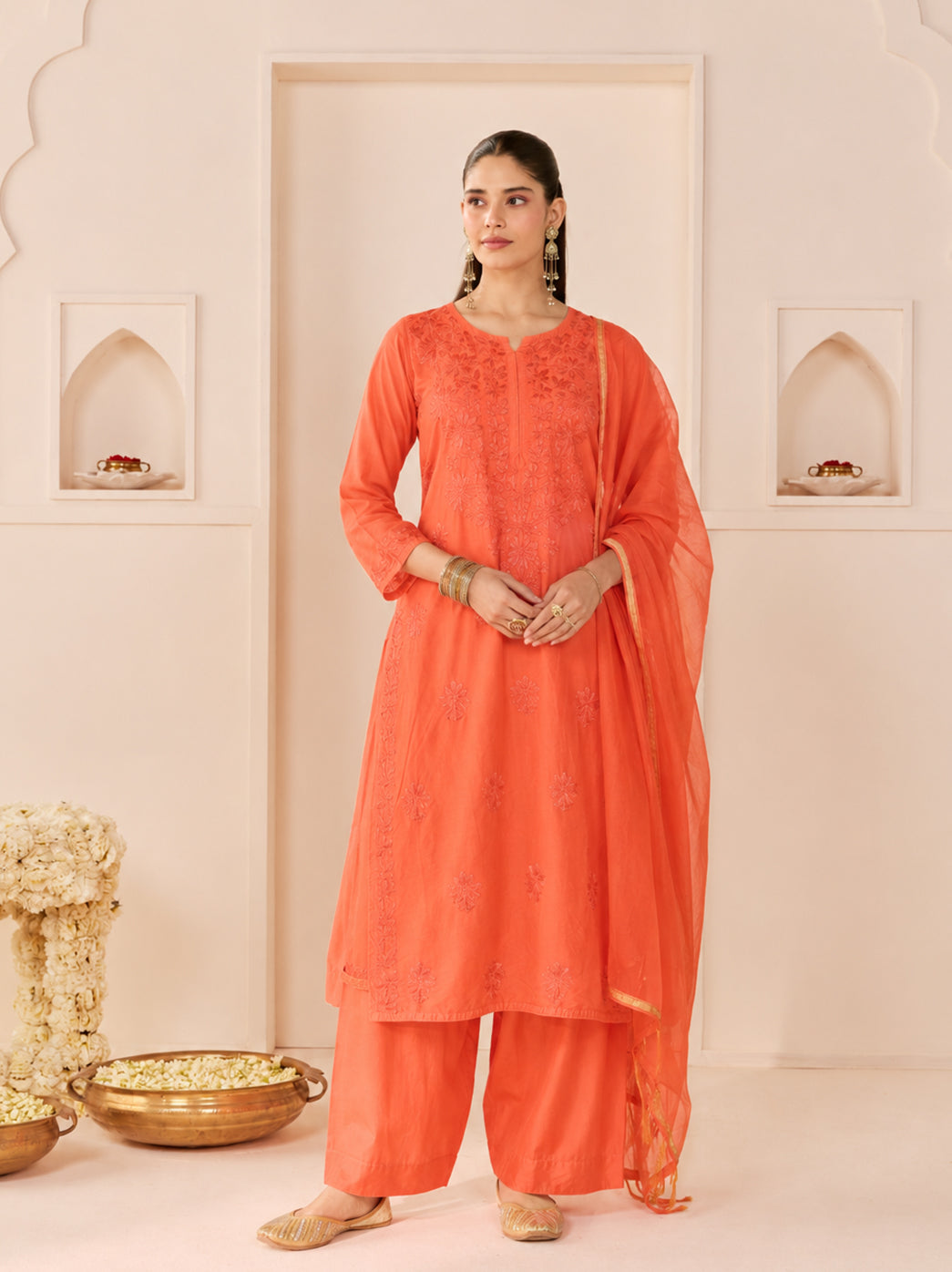 Trending Hanshika Chanderi Straight Kurti Pant Set with Dupatta featuring floral thread embroidery and coordinated separates for modern Indian ethnic wear.