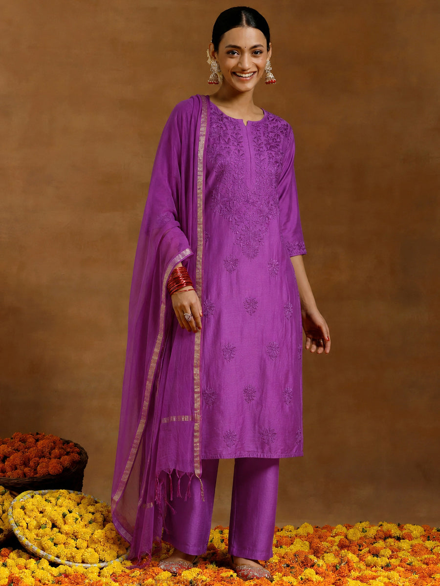 Hanshika Chanderi Chikankari Kurta Set with Dupatta - Purple