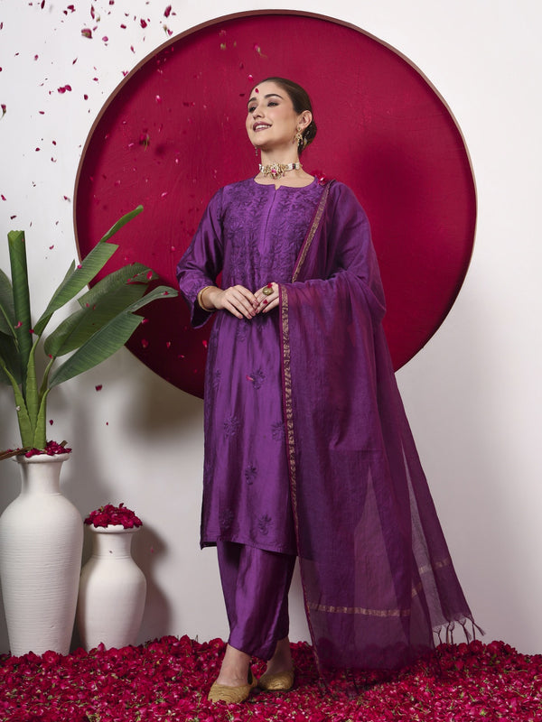 Hanshika Chanderi Chikankari Kurta Set with Dupatta - Purple
