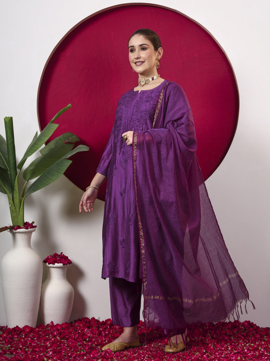 Hanshika Chanderi Chikankari Kurta Set with Dupatta - Purple