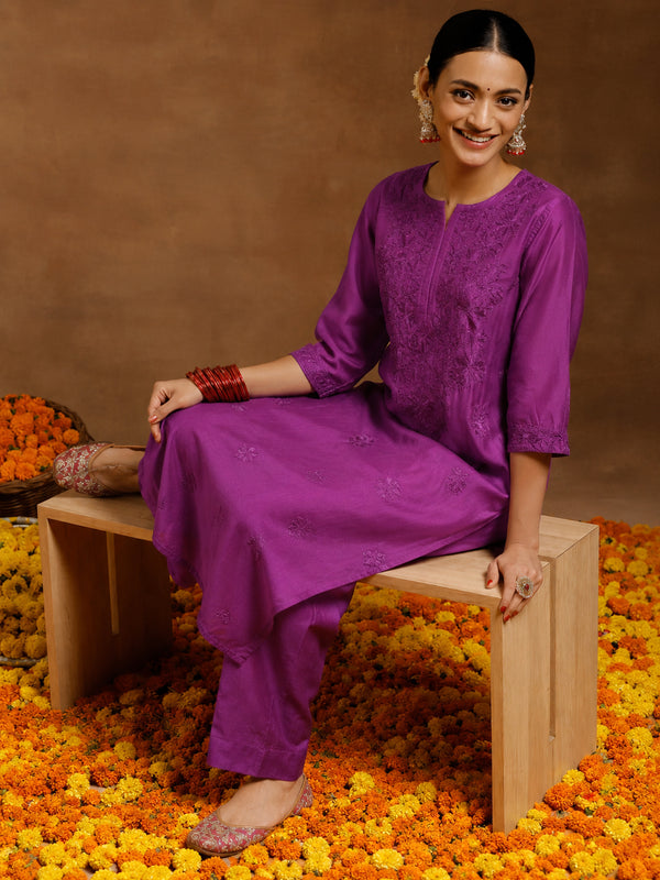 Elegant Chanderi Kurta Set with Dupatta for women featuring a straight embroidered kurti, matching pants and traditional dupatta for celebrations, pujas and special occasions.