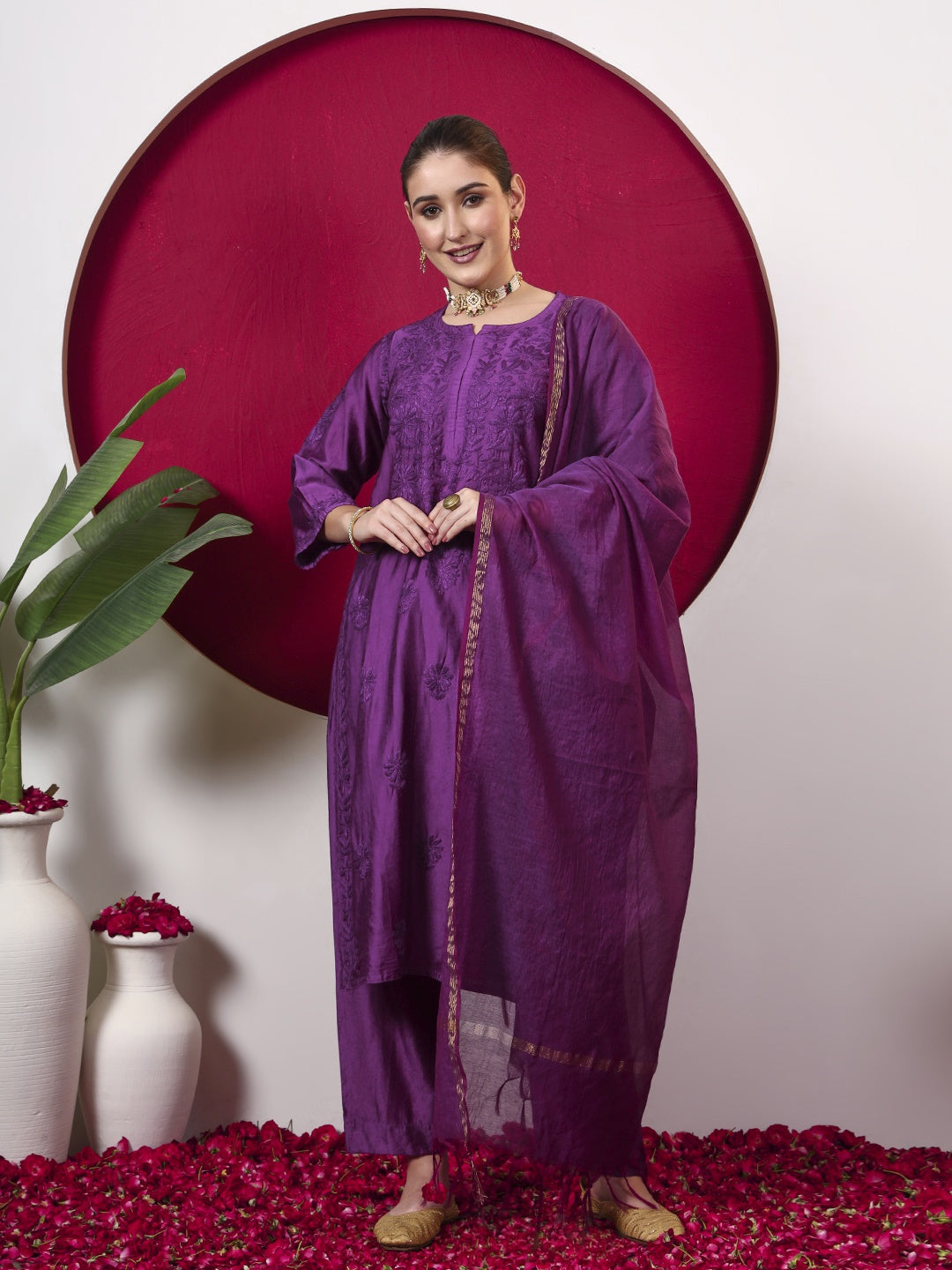 Hanshika Chanderi Chikankari Kurta Set with Dupatta - Purple