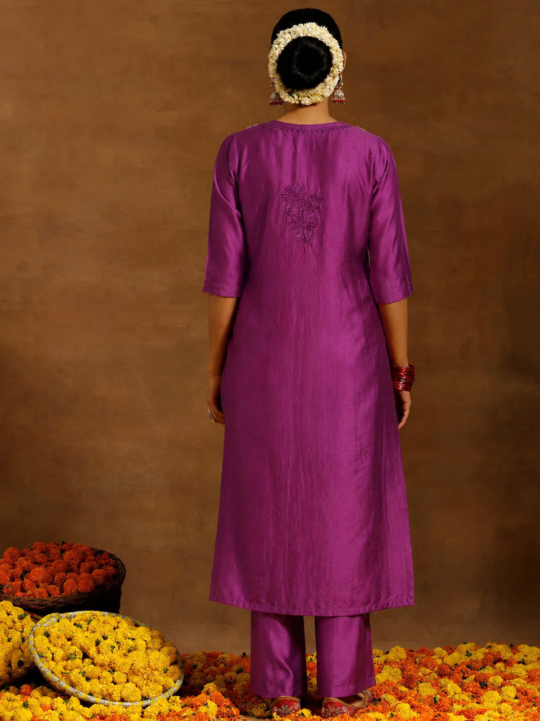 Hanshika Chanderi Straight Kurti Pant Set with Dupatta showcasing intricate chikankari-inspired floral embroidery and a comfortable silhouette for festive gatherings and family functions.
