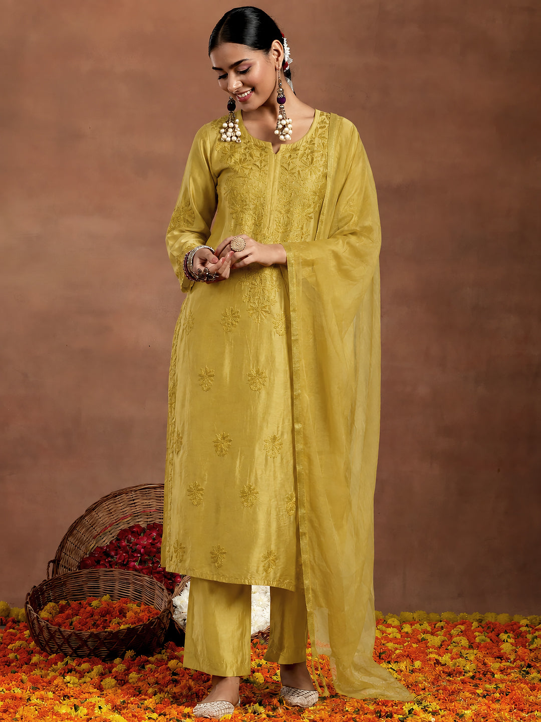 Hanshika Chanderi Chikankari Kurta Set with Dupatta - Mustard Yellow