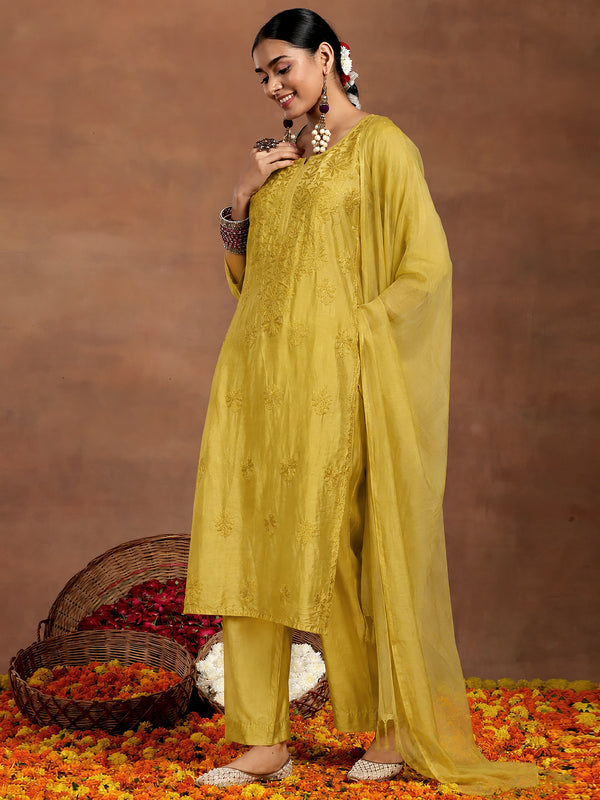 Hanshika Chanderi Chikankari Kurta Set with Dupatta - Mustard Yellow