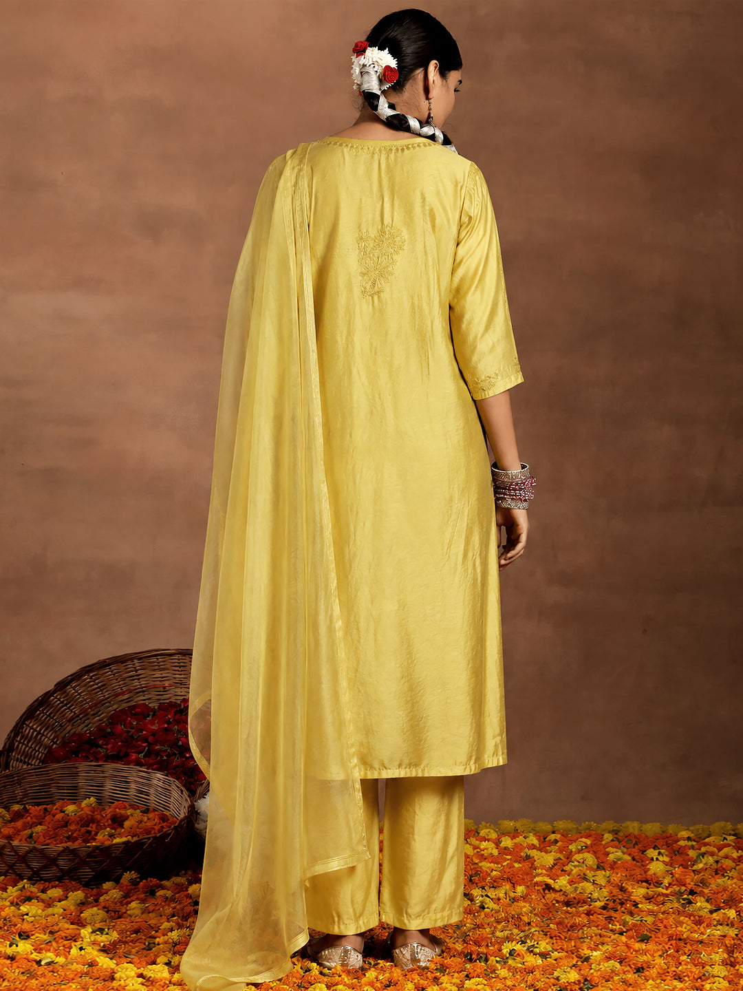 Hanshika Chanderi Chikankari Kurta Set with Dupatta - Mustard Yellow