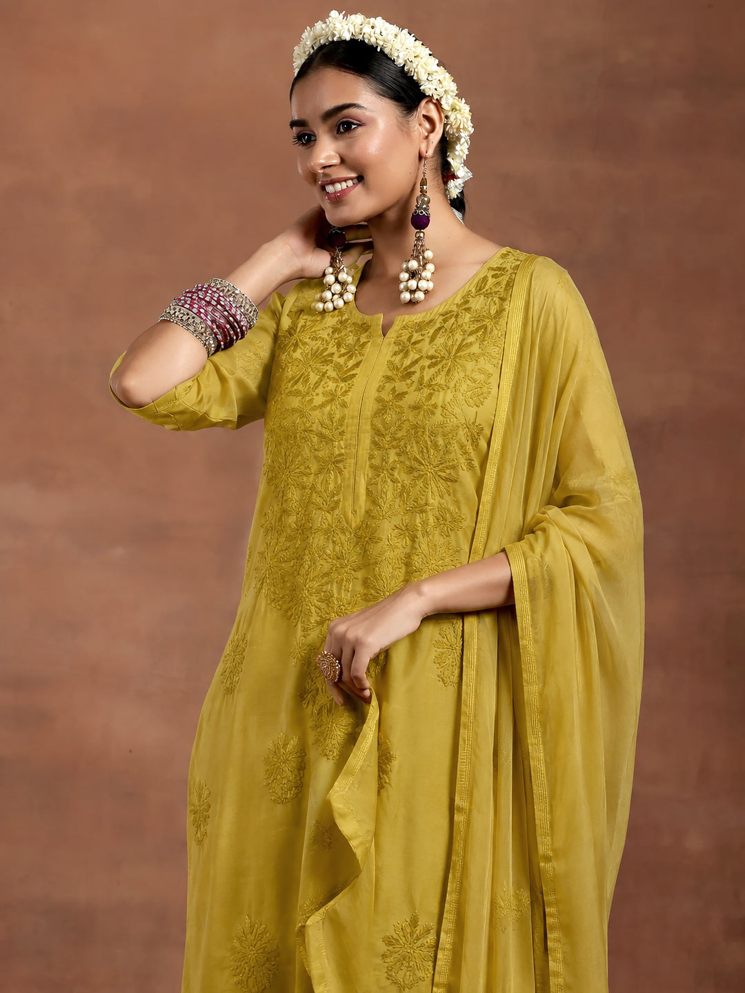 Hanshika Chanderi Chikankari Kurta Set with Dupatta - Mustard Yellow