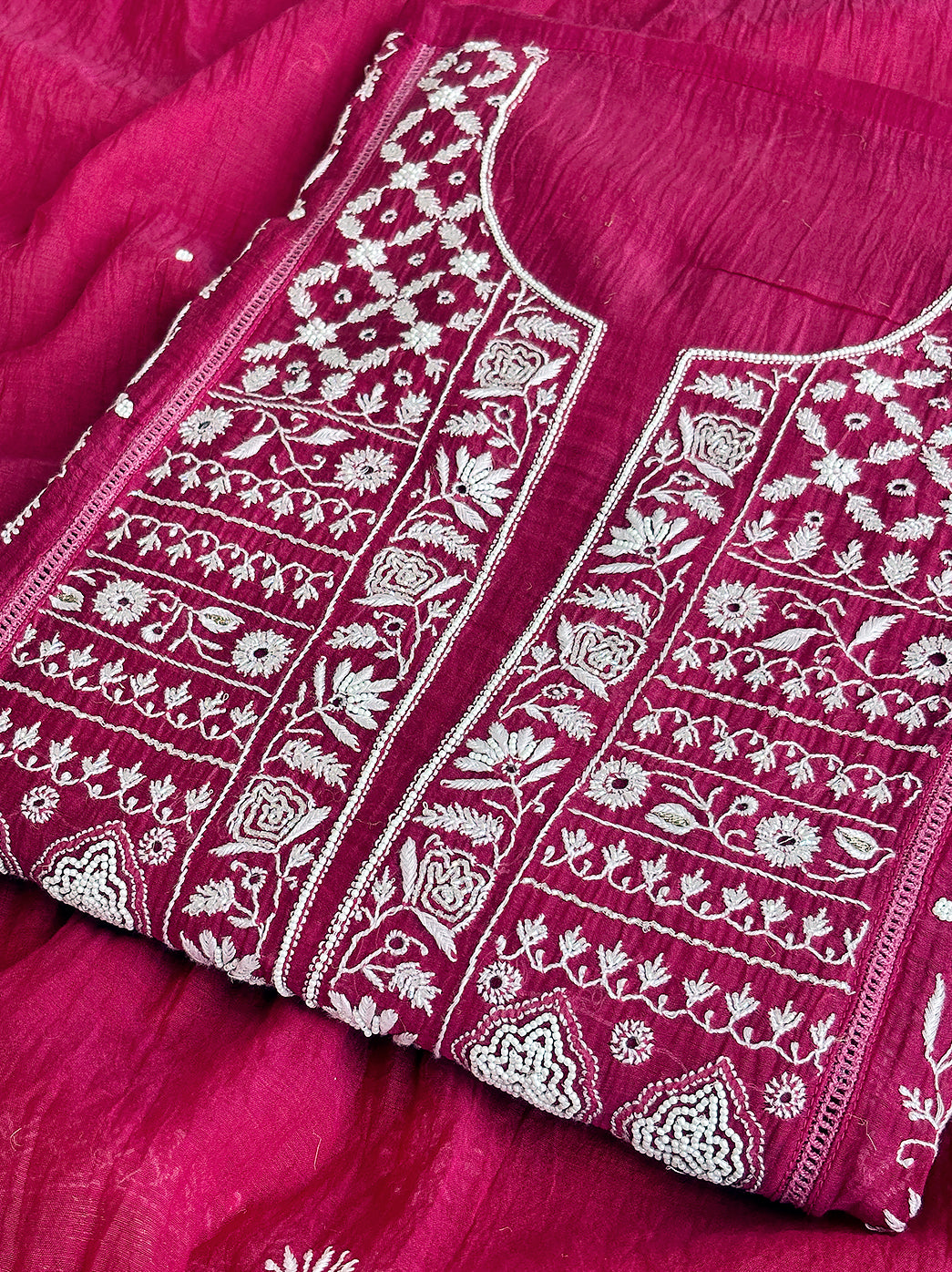 Hot Pink Mul Chanderi Un-stitched Chikankari Kurti Piece with Dupatta