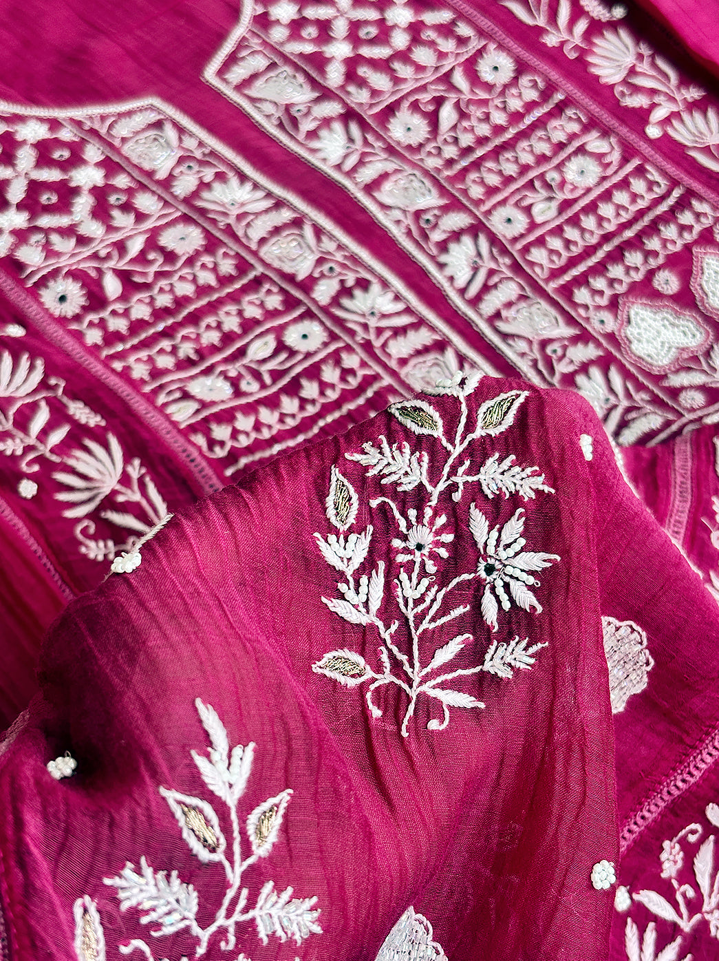 Hot Pink Mul Chanderi Un-stitched Chikankari Kurti Piece with Dupatta