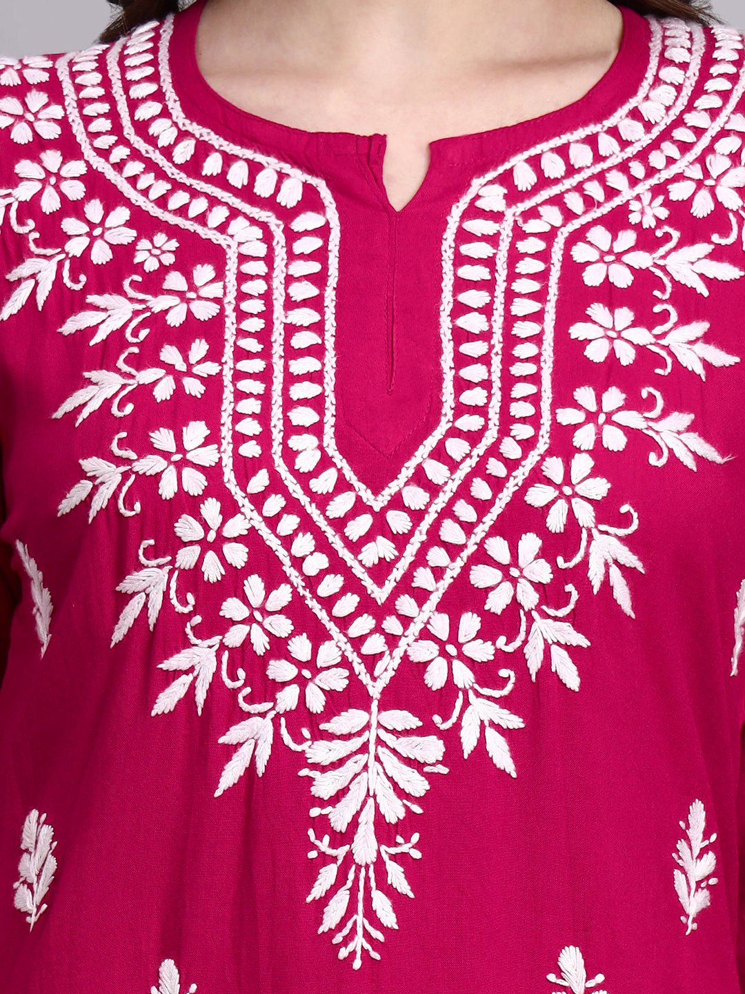 Lightweight rayon short kurta with hand-embroidered chikankari work suitable for office and casual wear