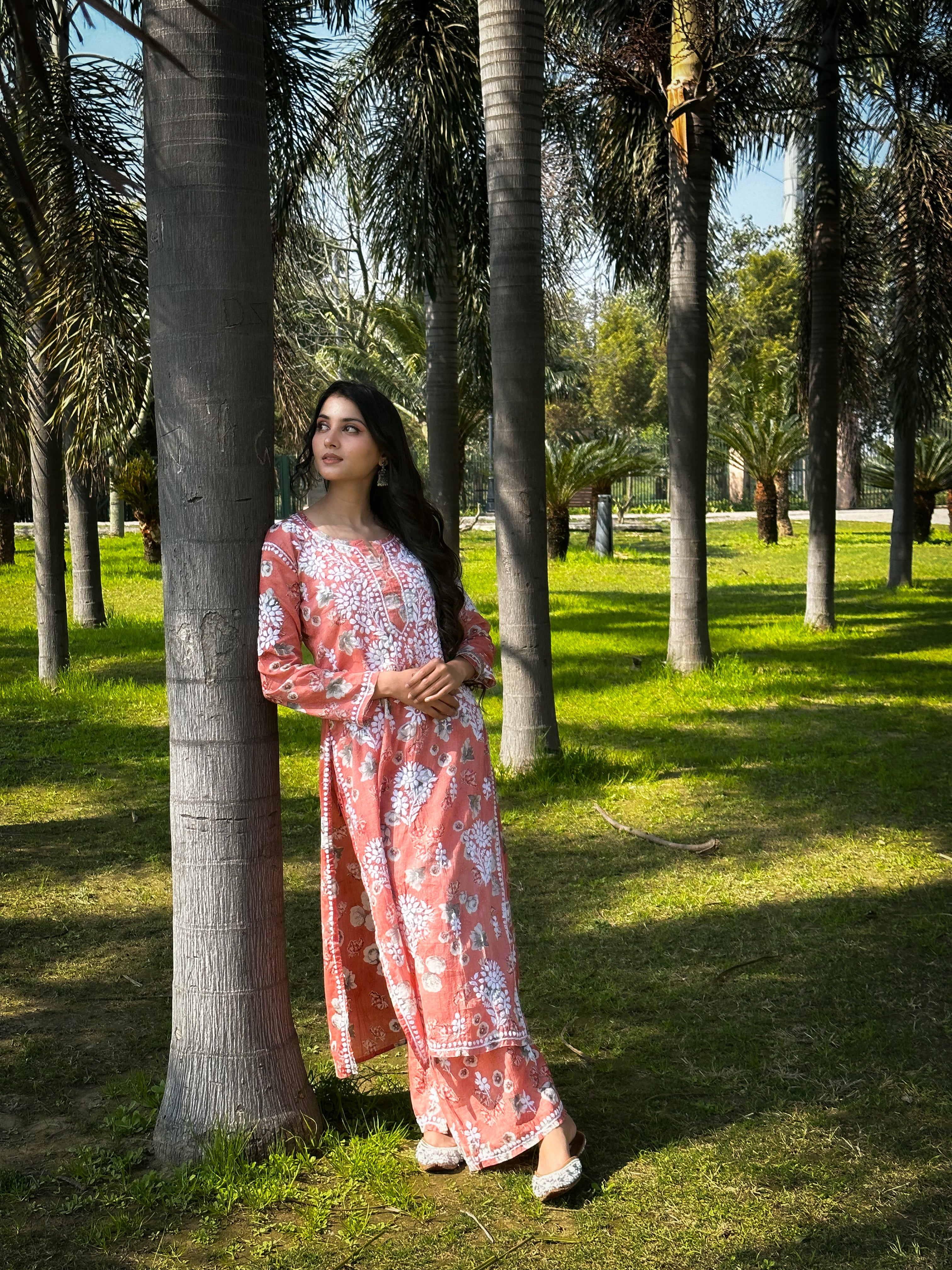 Afiya Mulmul Cotton Chikankari Kurta Set -Coral