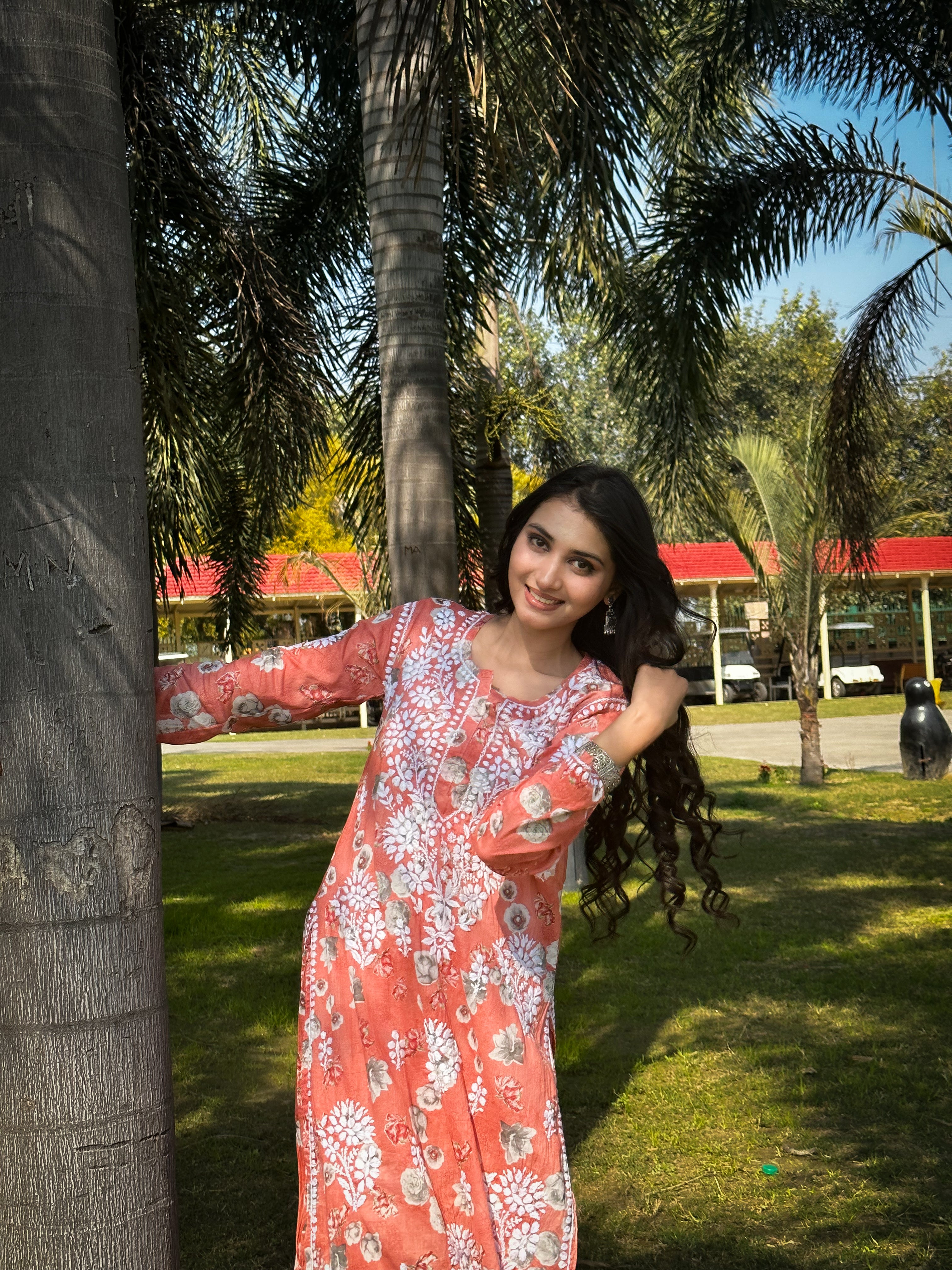 Afiya Mulmul Cotton Chikankari Kurta Set -Coral