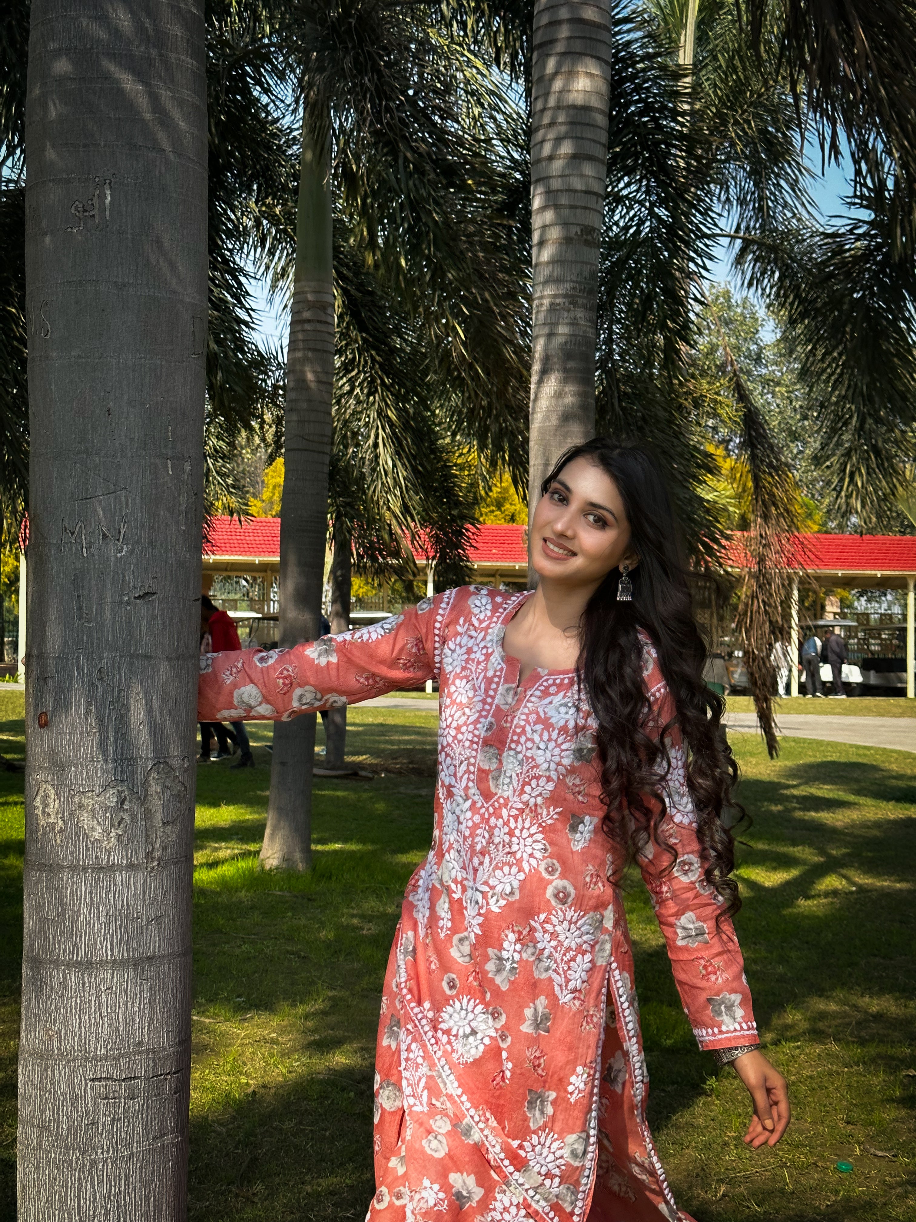 Afiya Mulmul Cotton Chikankari Kurta Set -Coral