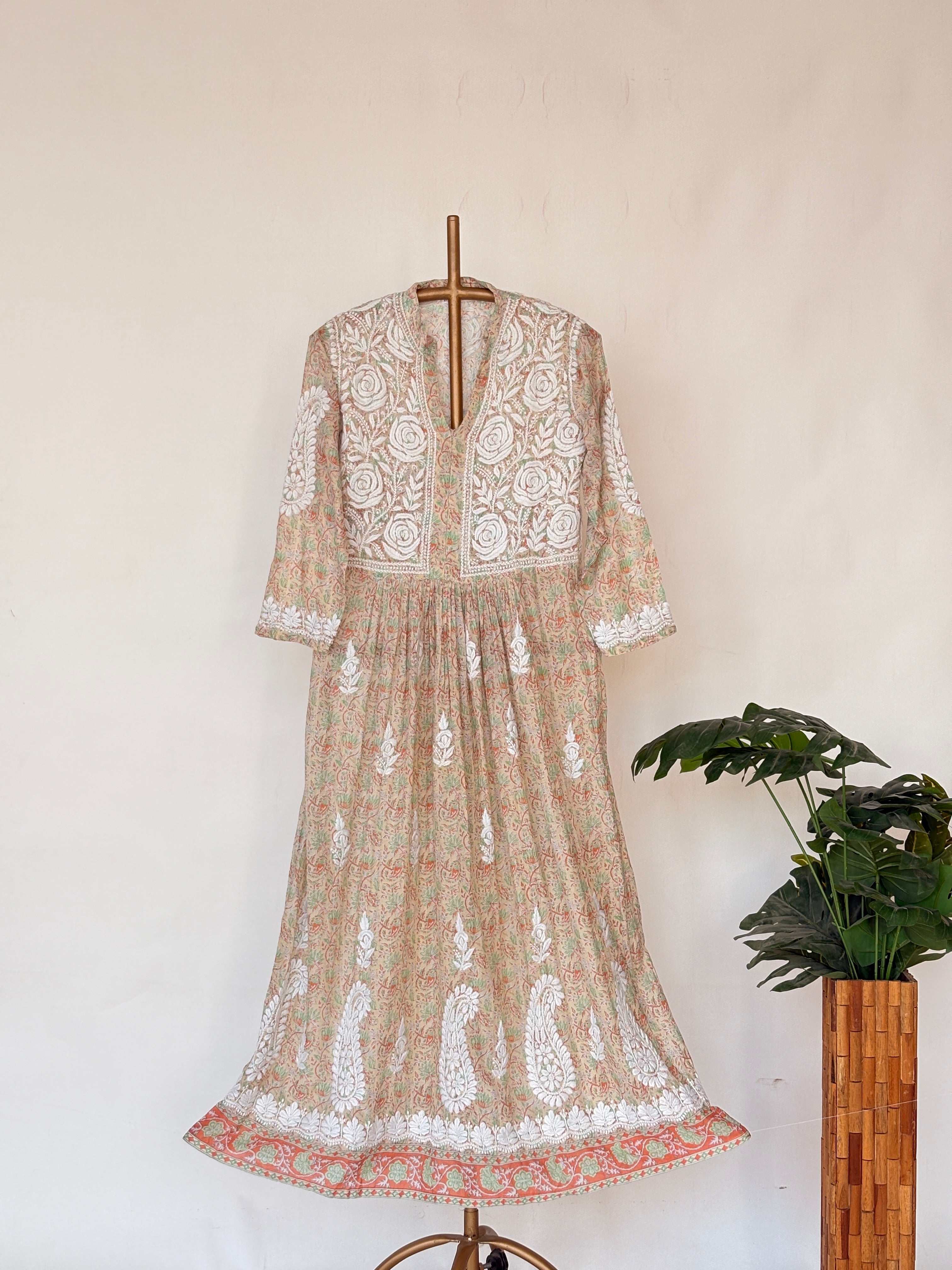 Orange Mulmul Chikankari Anarkali Kurti