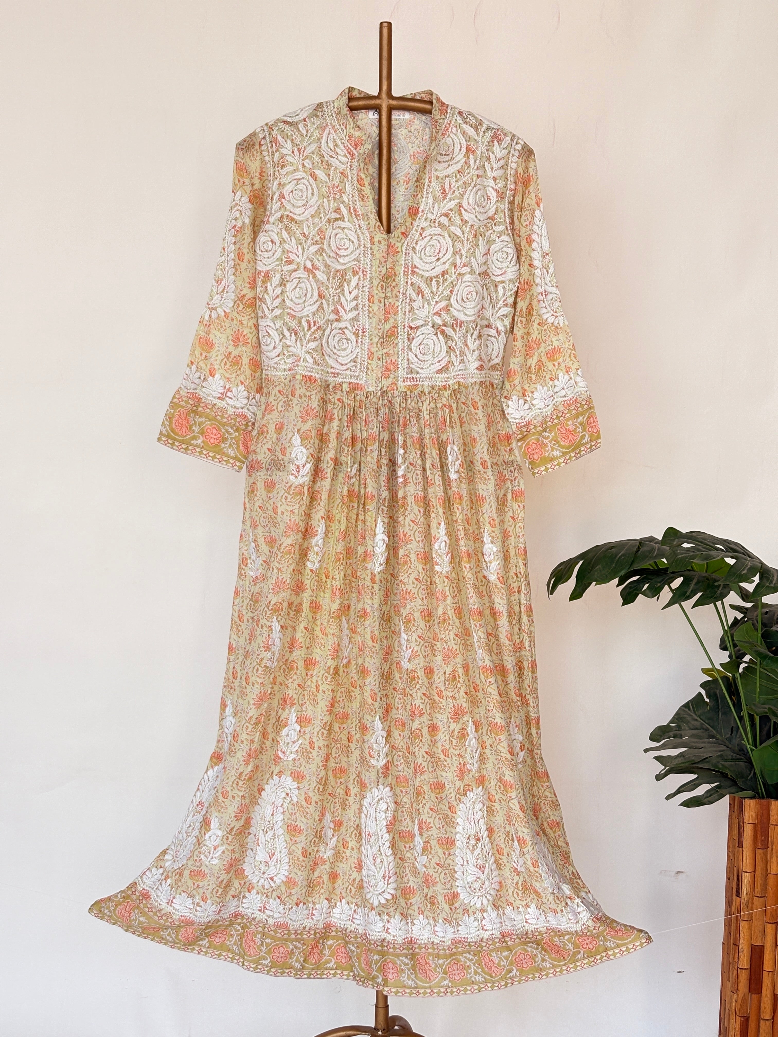Pista Green Mulmul Chikankari Anarkali Kurti