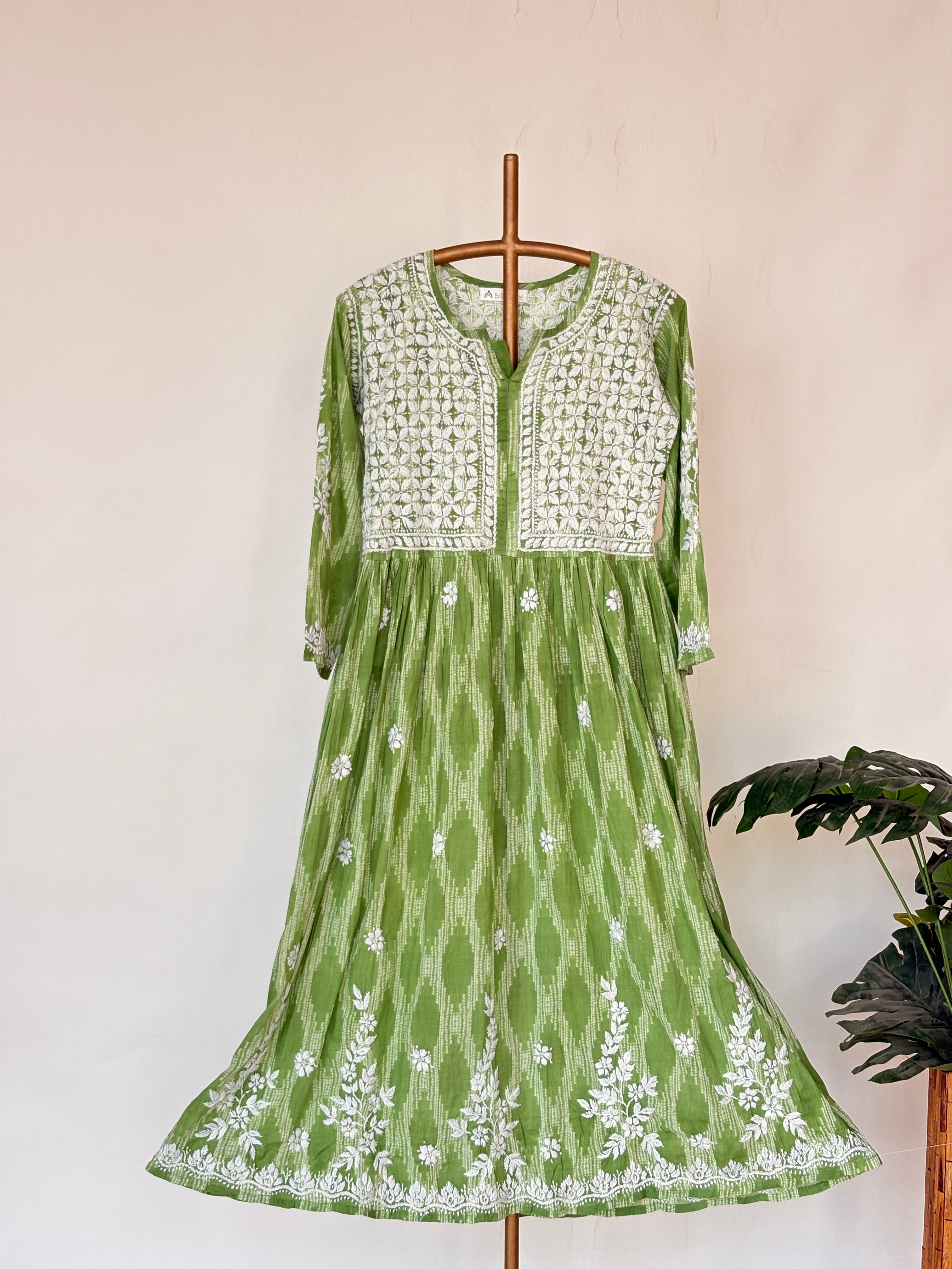 Green Mulmul Chikankari Anarkali Kurta