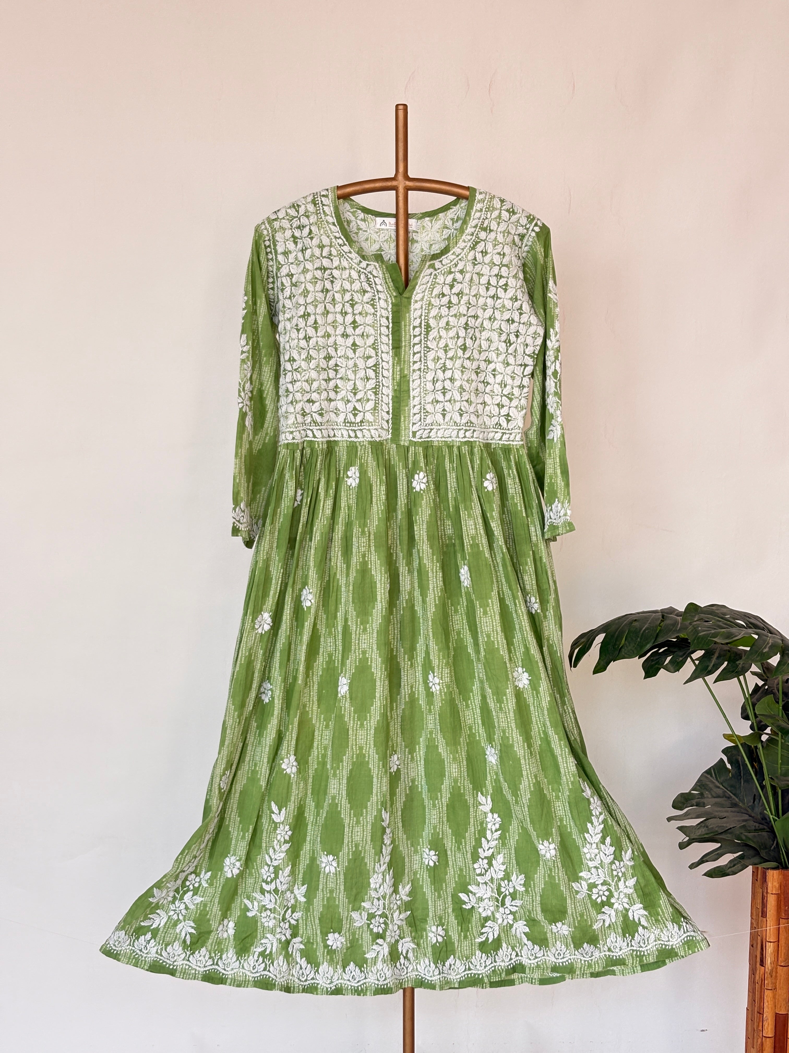 Green Mulmul Chikankari Anarkali Kurta