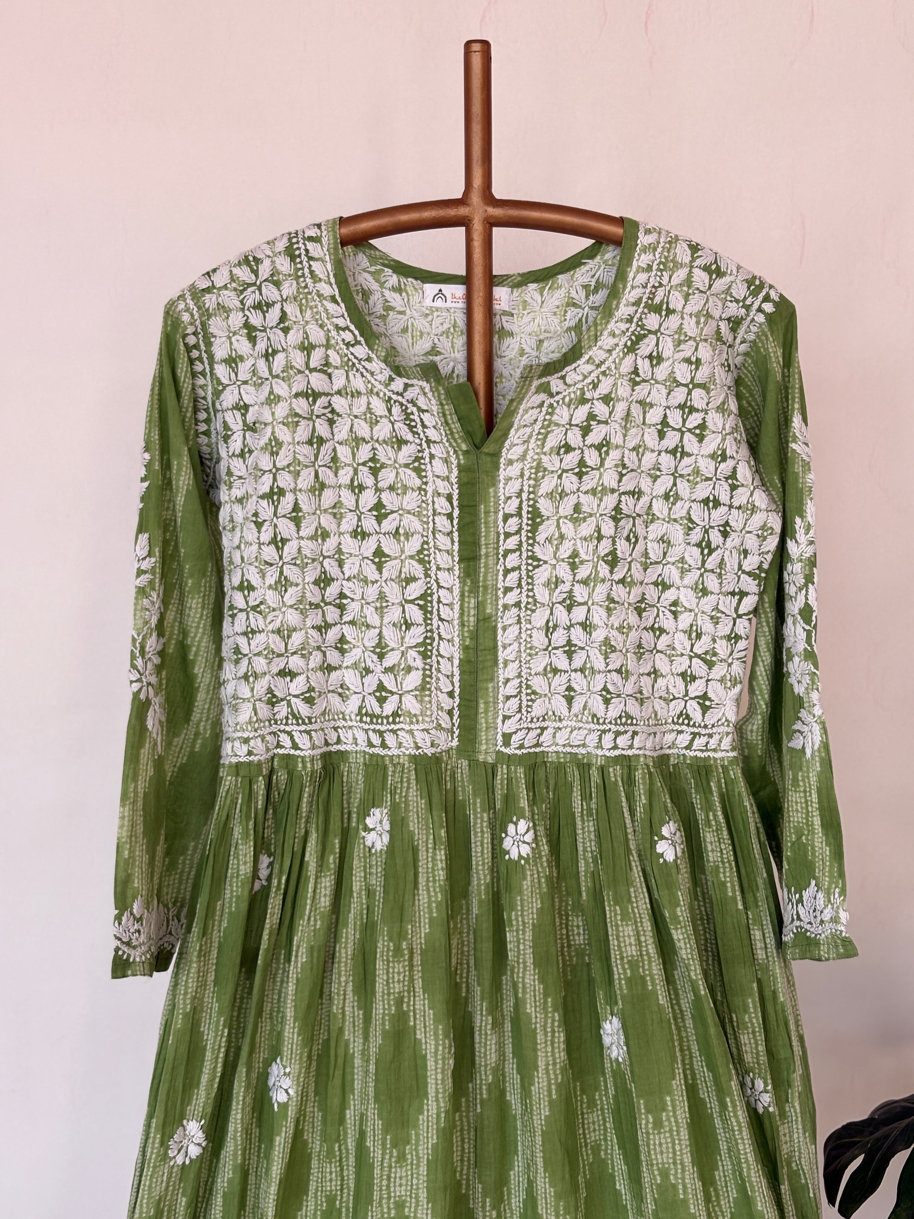 Green Mulmul Chikankari Anarkali Kurta
