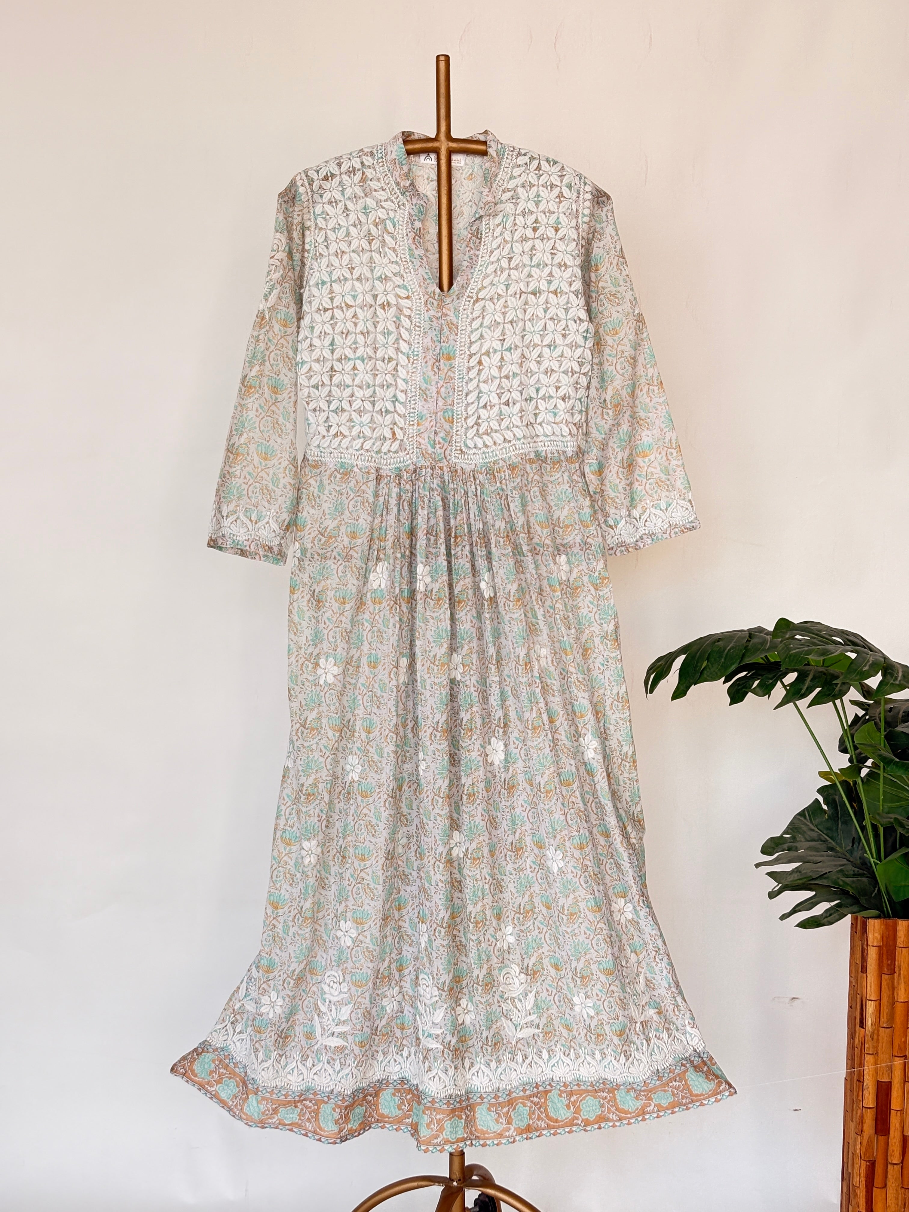 Sea Green Mulmul Chikankari Anarkali Kurti