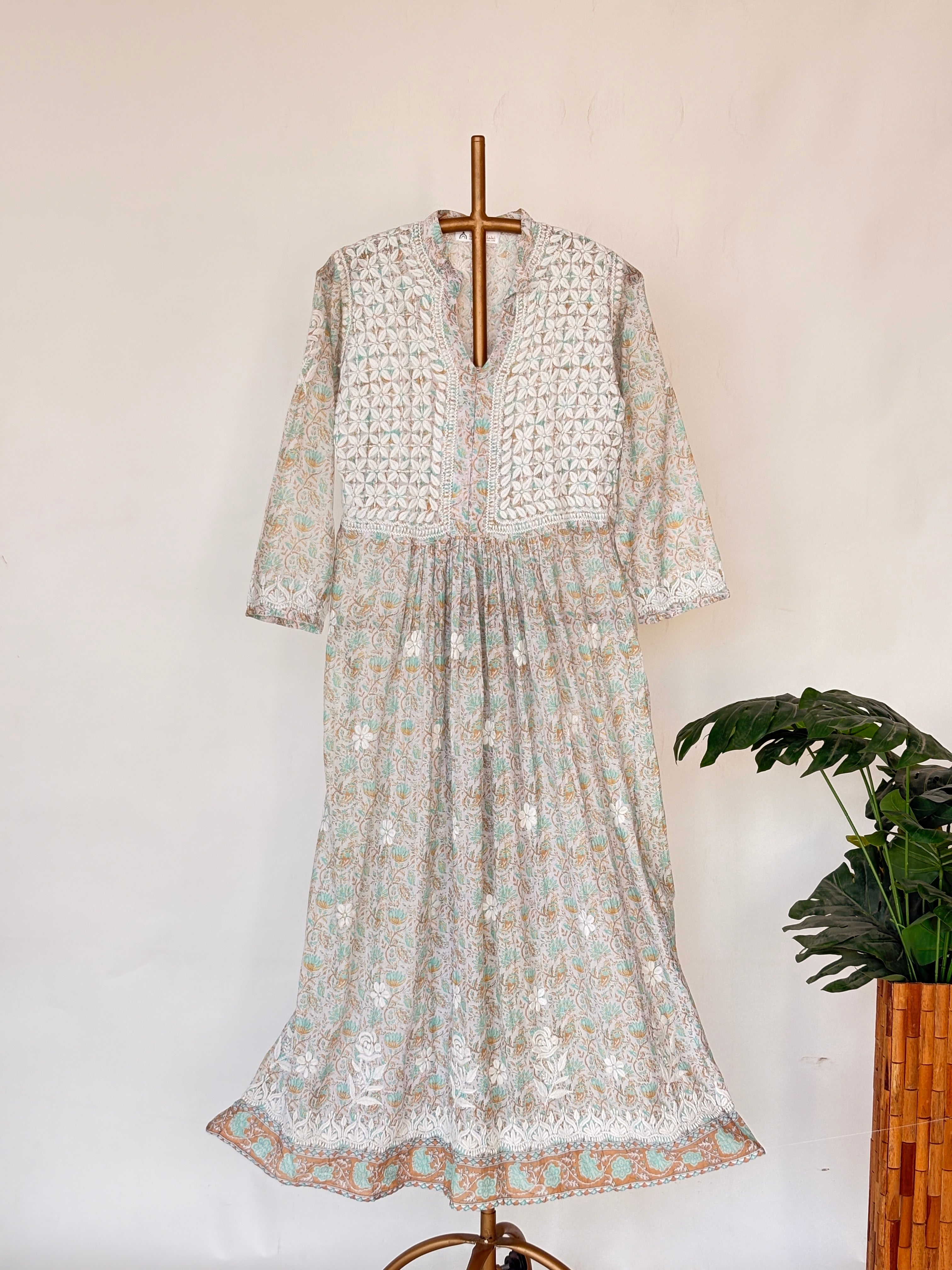 Sea Green Mulmul Chikankari Anarkali Kurti