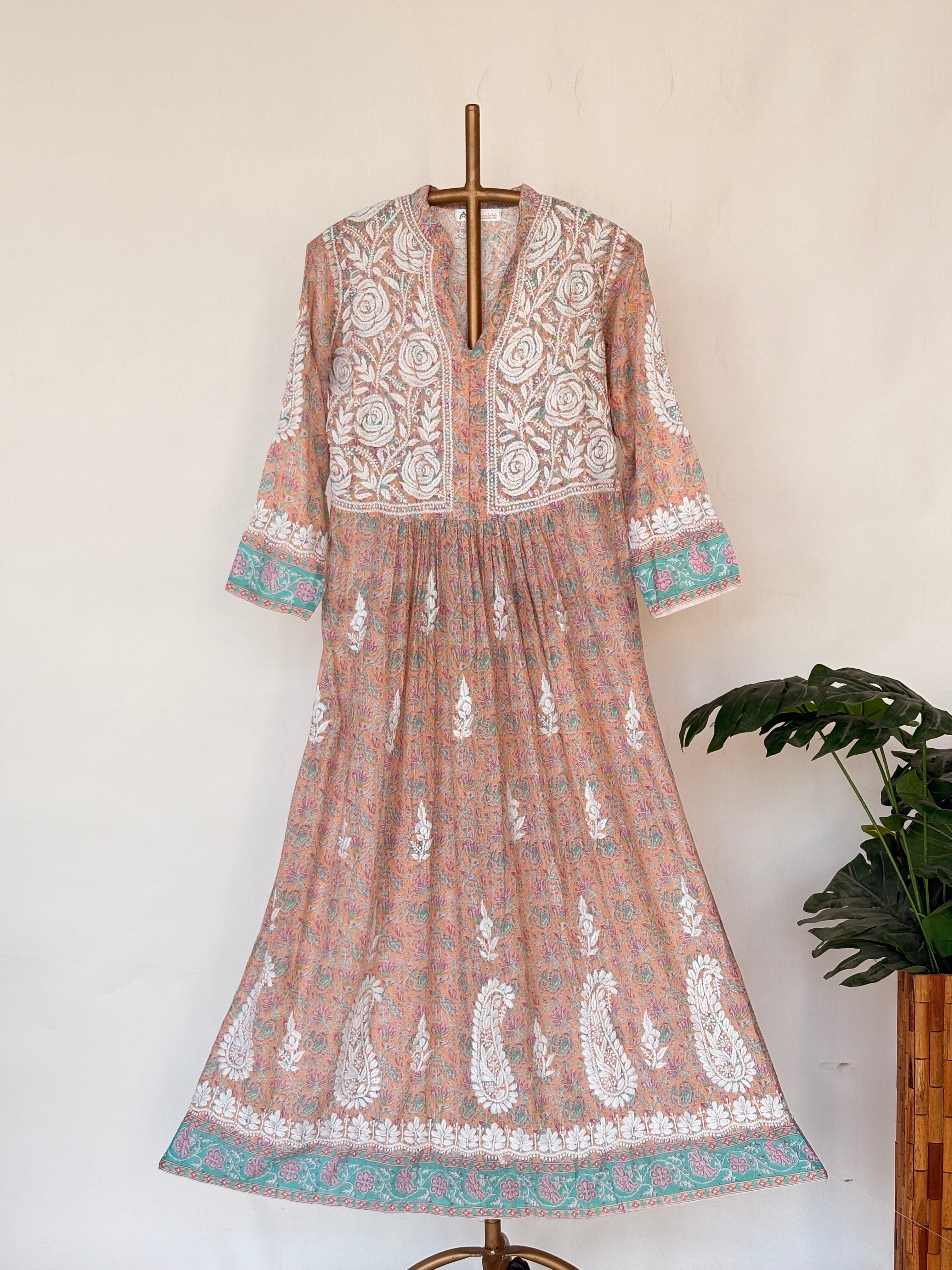 Peach Mulmul Chikankari Anarkali Kurti