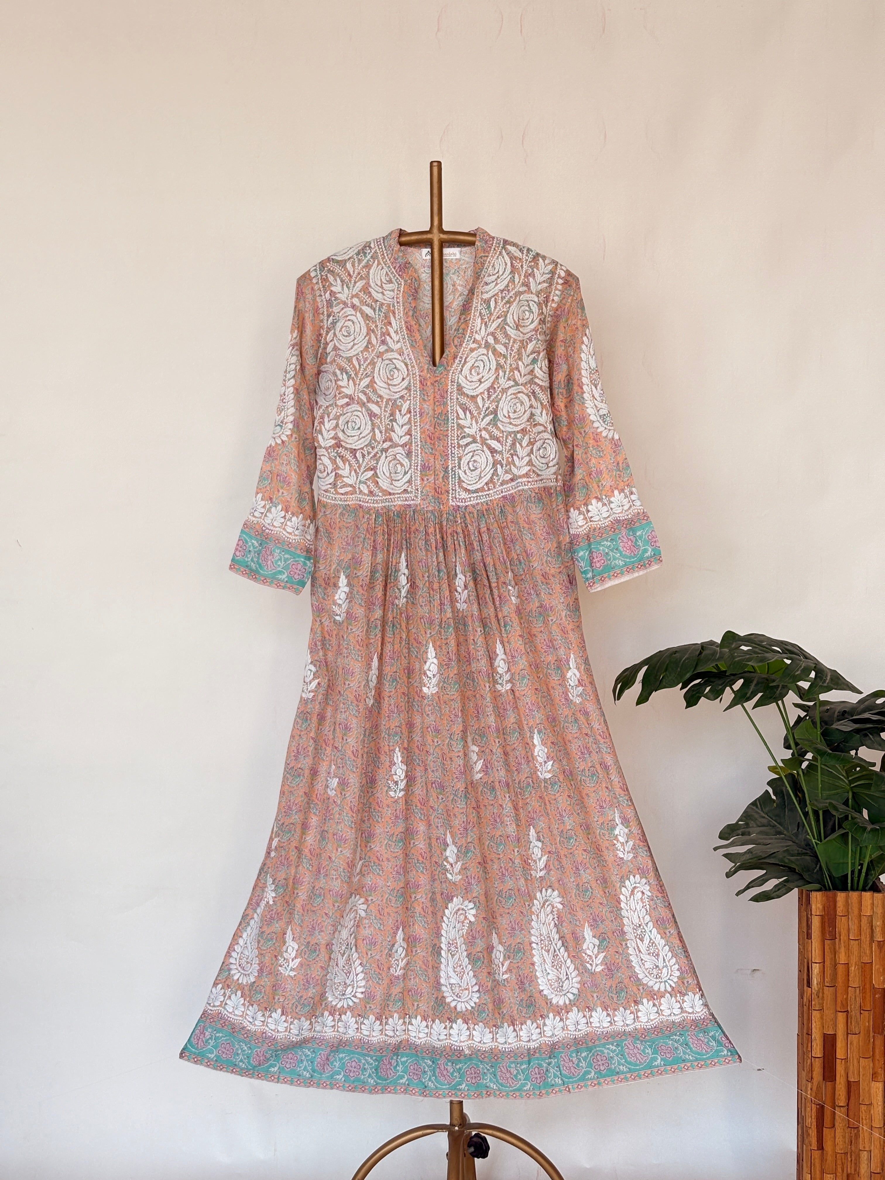 Peach Mulmul Chikankari Anarkali Kurti