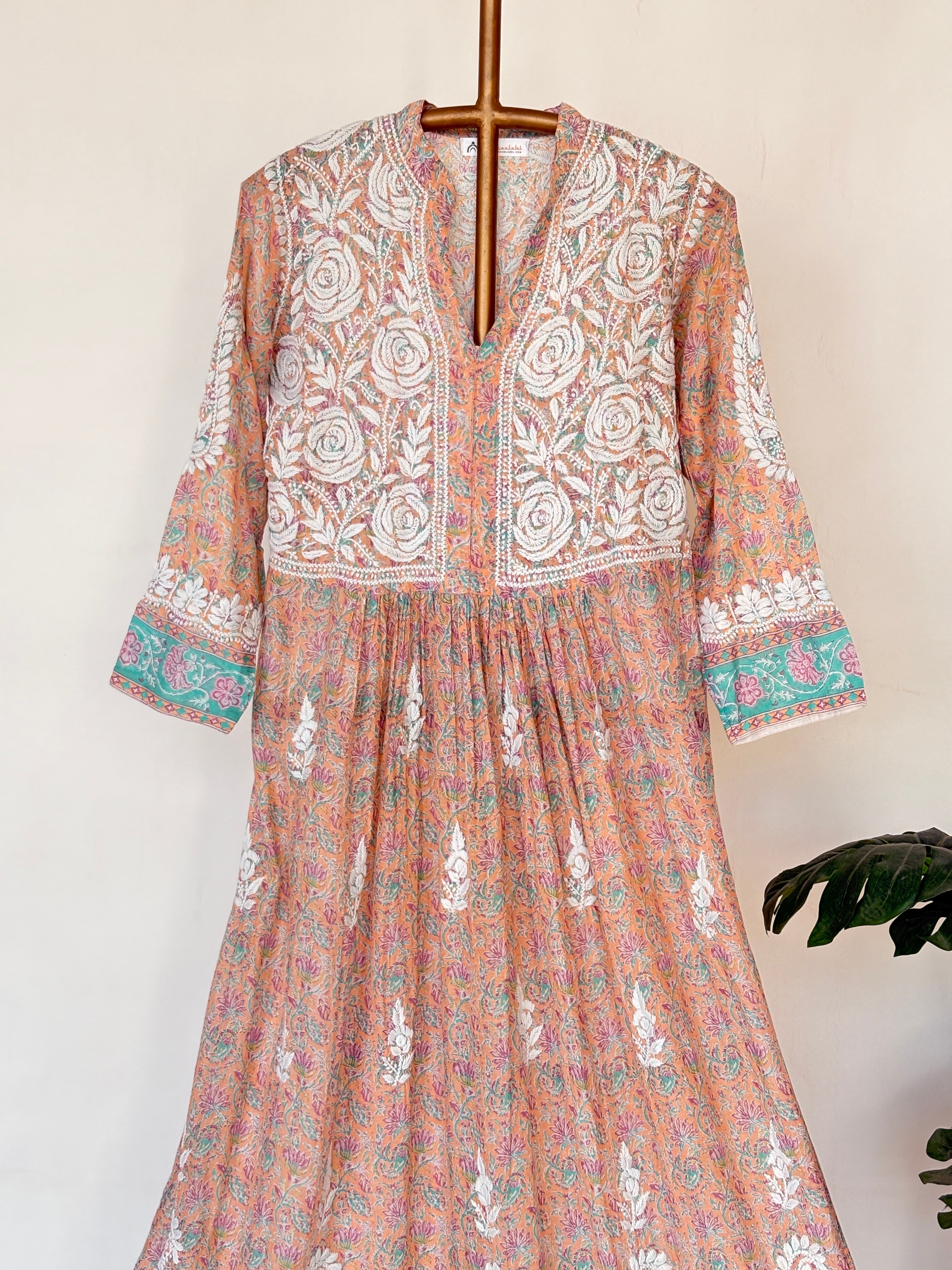 Peach Mulmul Chikankari Anarkali Kurti