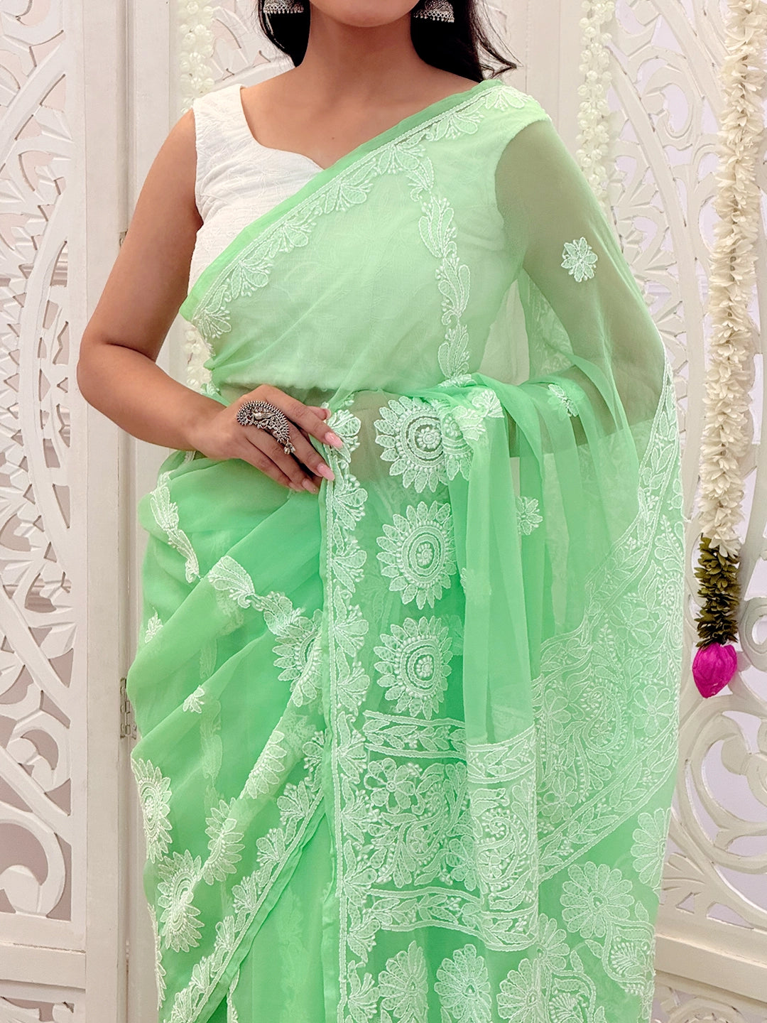 Hand-embroidered chikankari saree ideal for ethnic celebrations, festive parties, and traditional Indian events.