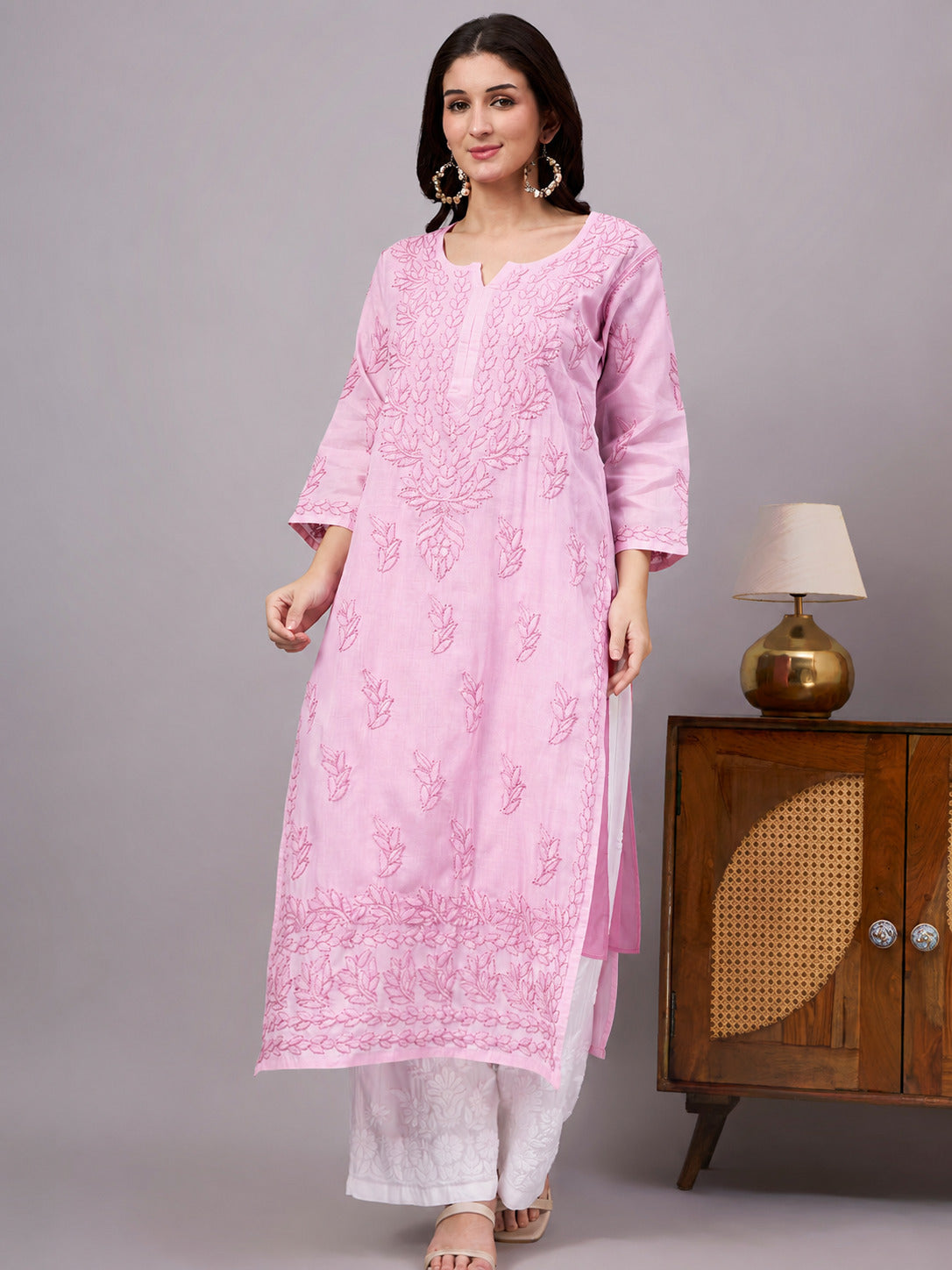 Traditional Cotton Straight Kurti featuring authentic handcrafted Chikankari work, soft cotton inner, and timeless ethnic elegance for women.